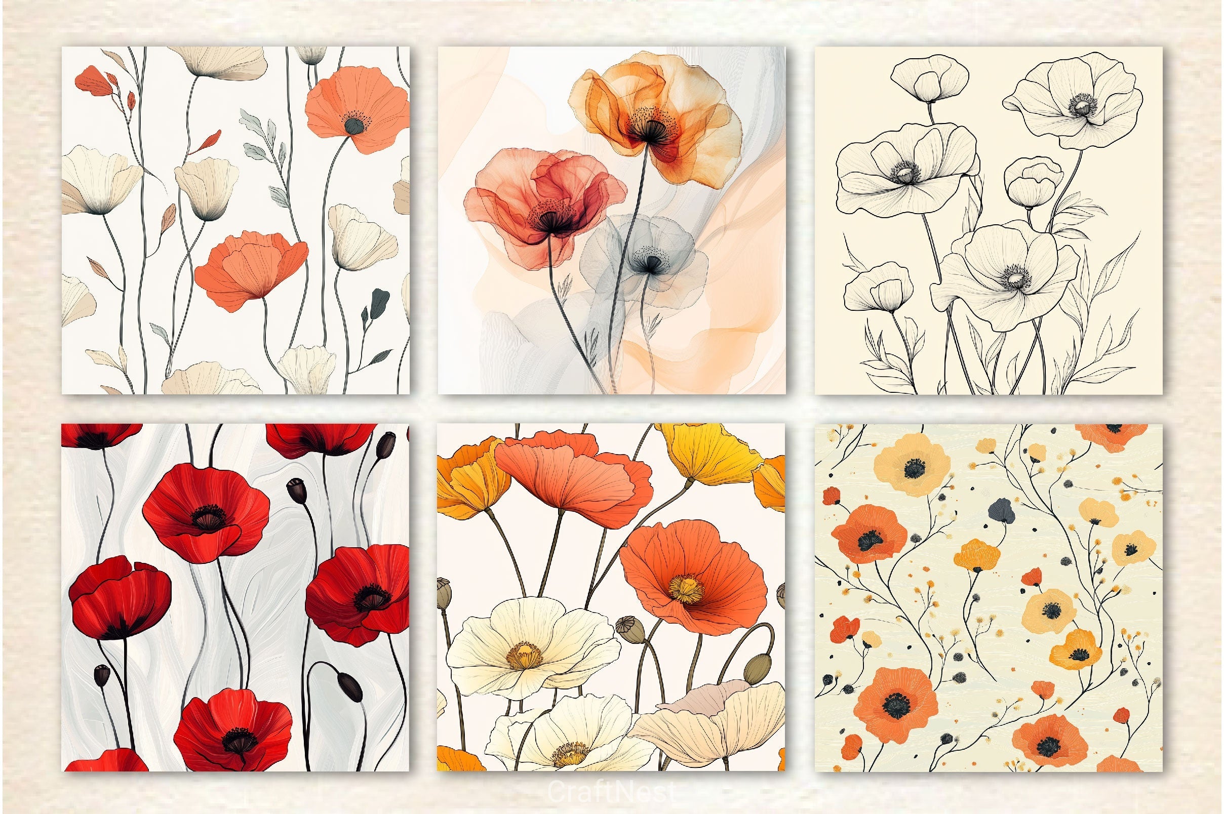 Seamless Boho Line Art Floral Background