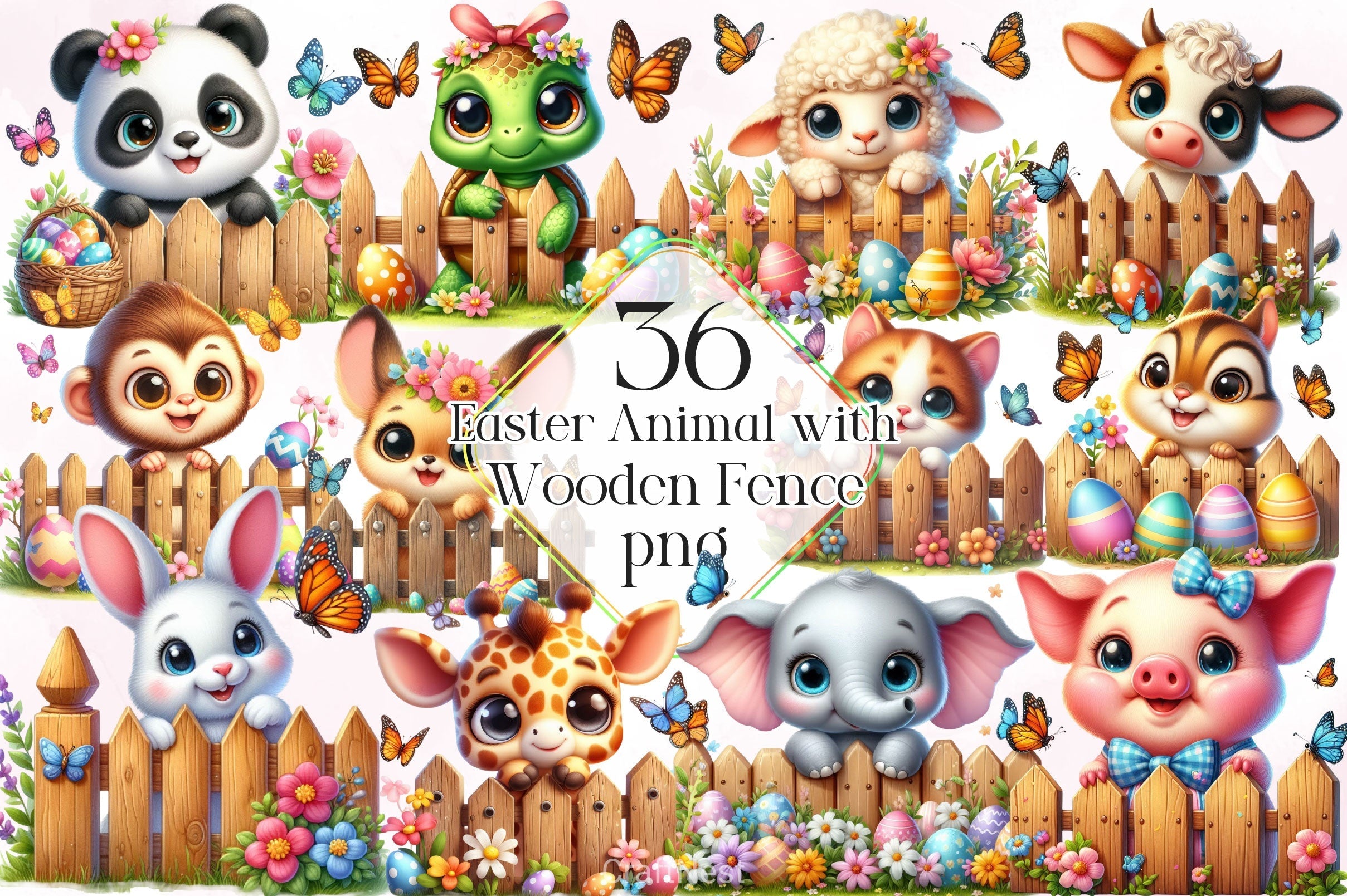Easter Animal With Wooden Fence Clipart Bundle 5