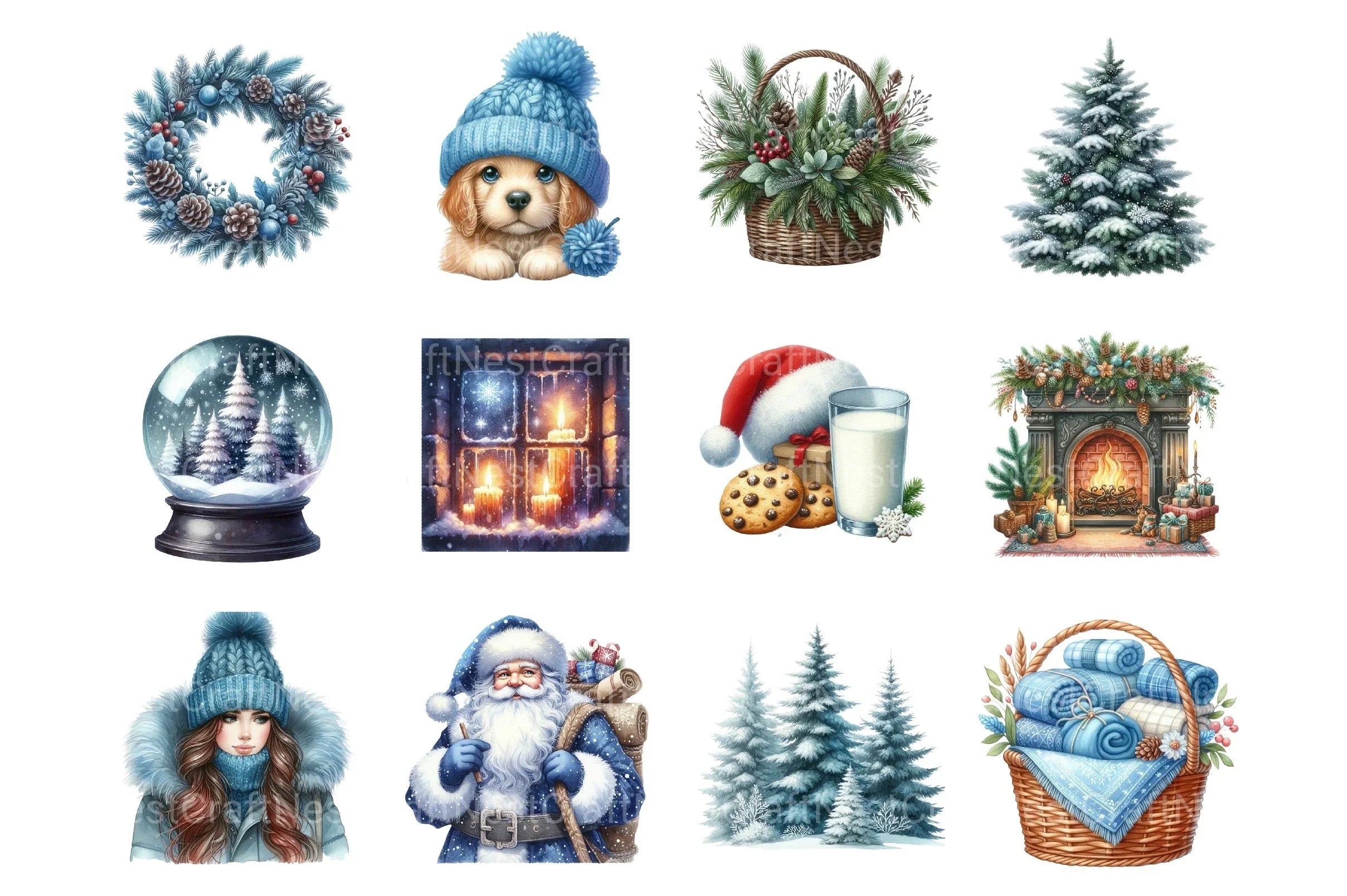Winter Cozy Blue Designs: Snowman, Cabin, Gnome, Christmas Tree Clipart Bundle - CraftNest - Digital Crafting and Art