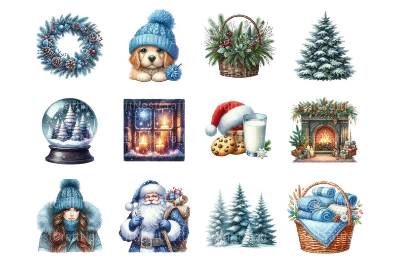 Winter Cozy Blue Designs: Snowman, Cabin, Gnome, Christmas Tree Clipart Bundle - CraftNest - Digital Crafting and Art