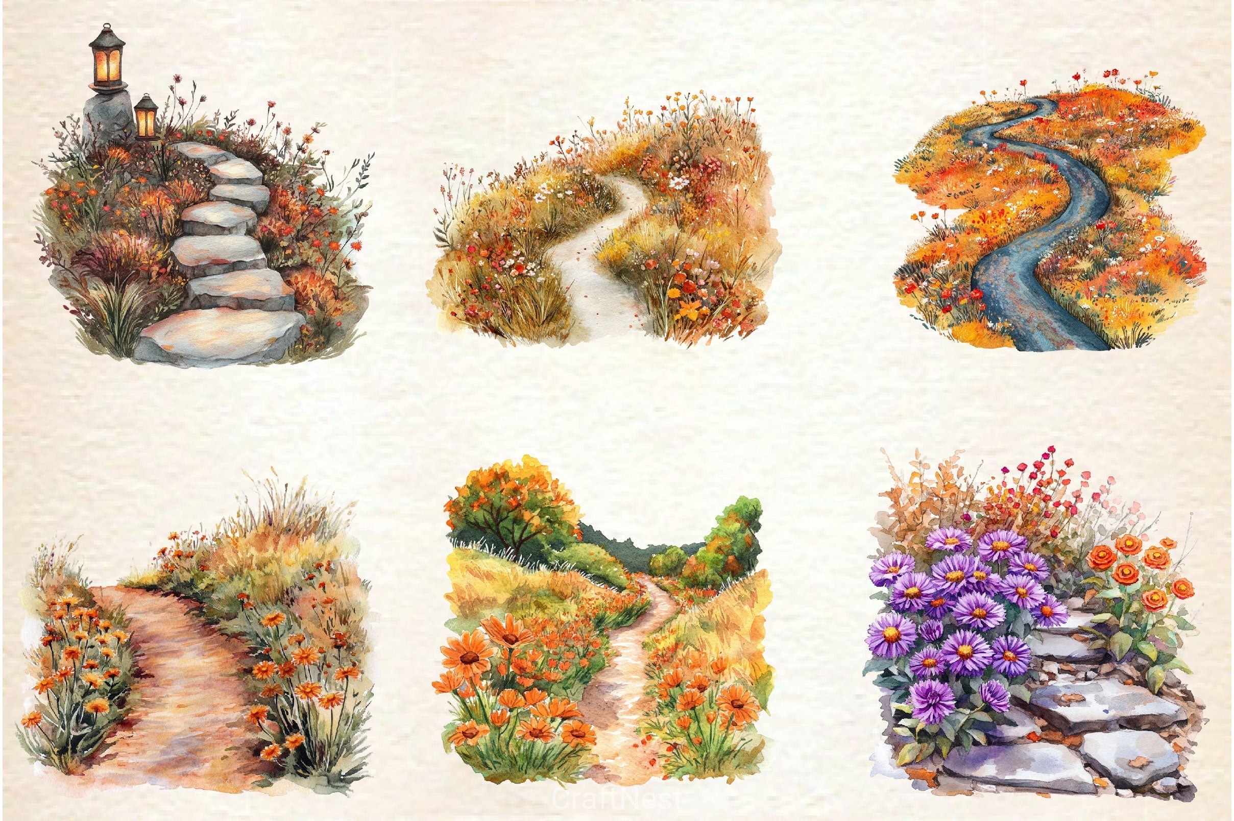 Fall Wildflowers Pathway Clipart Bundle 2