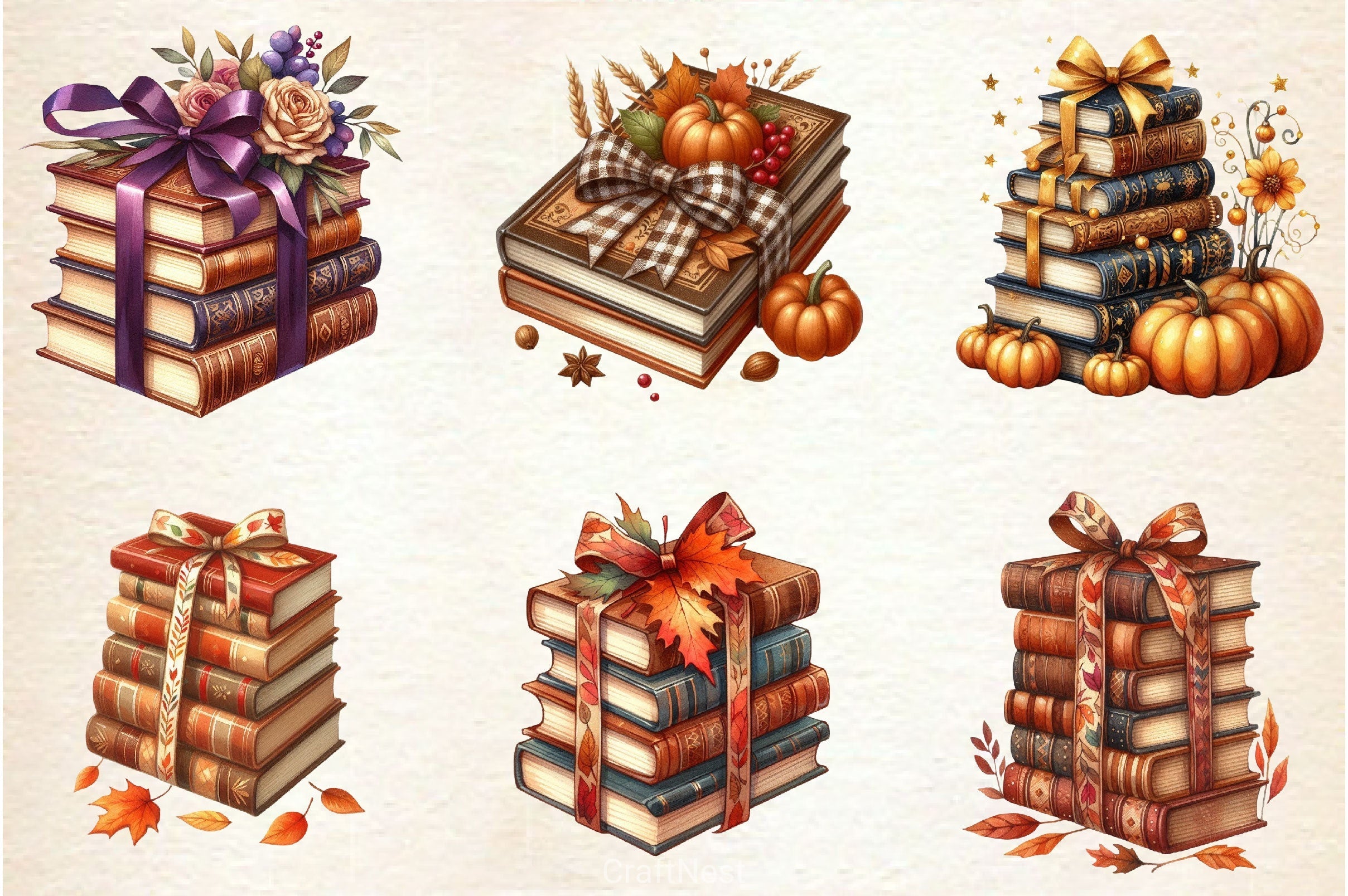 Autumn Bow Book Stack Clipart Bundle