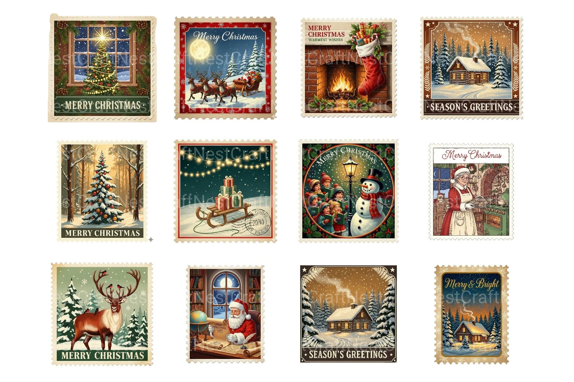 Vintage Christmas Stamps: Retro Santa, Snowman, Tree Clipart Bundle - CraftNest - Digital Crafting and Art