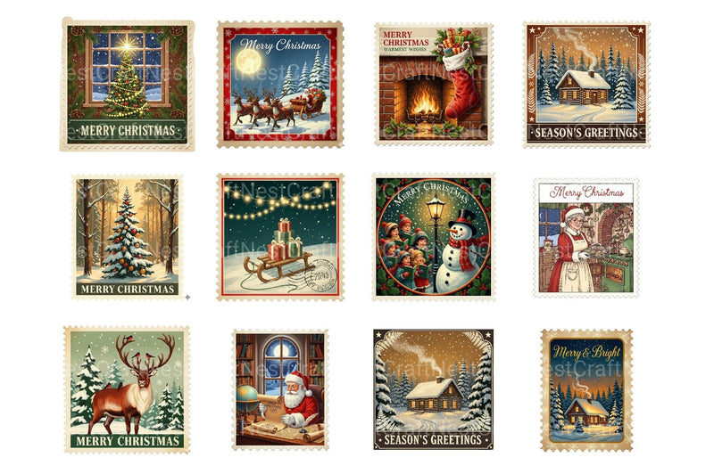 Vintage Christmas Stamps: Retro Santa, Snowman, Tree Clipart Bundle - CraftNest - Digital Crafting and Art