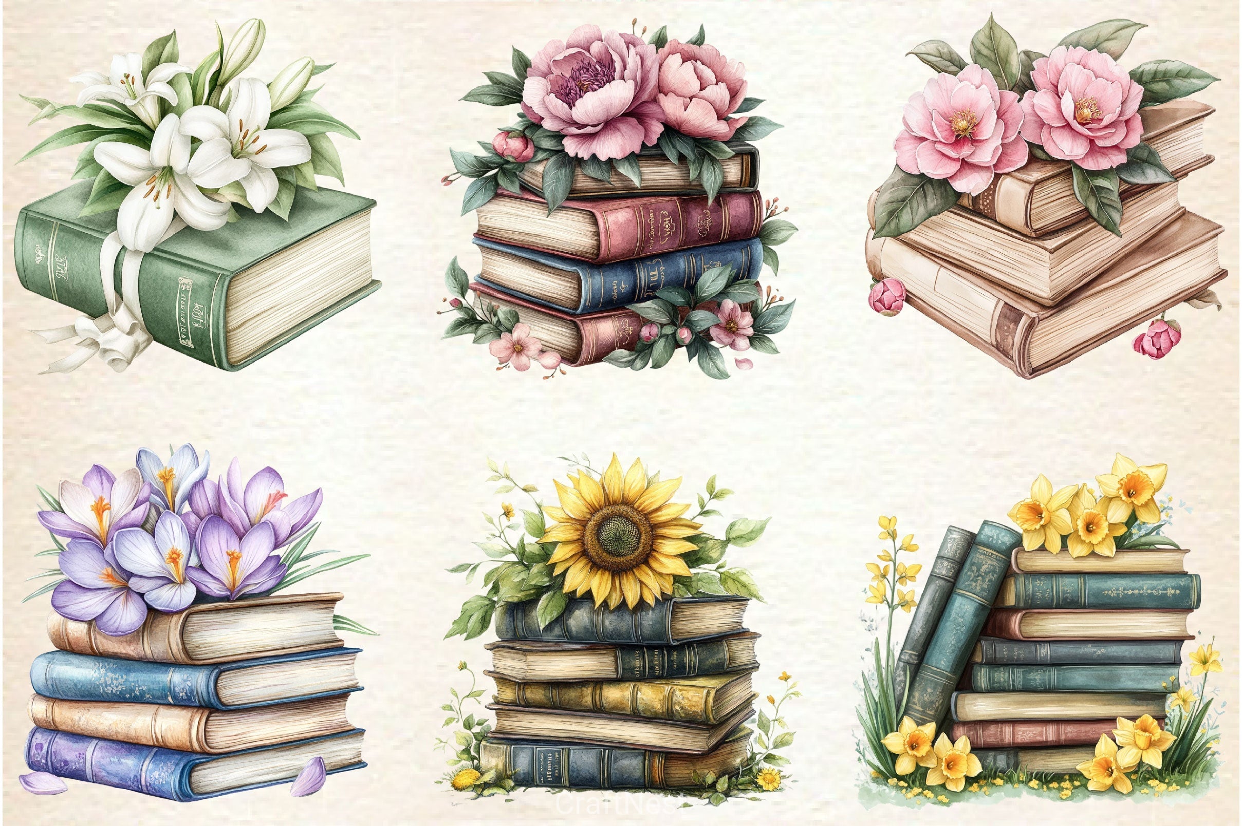 Spring Flower Book Stack Clipart Bundle 8
