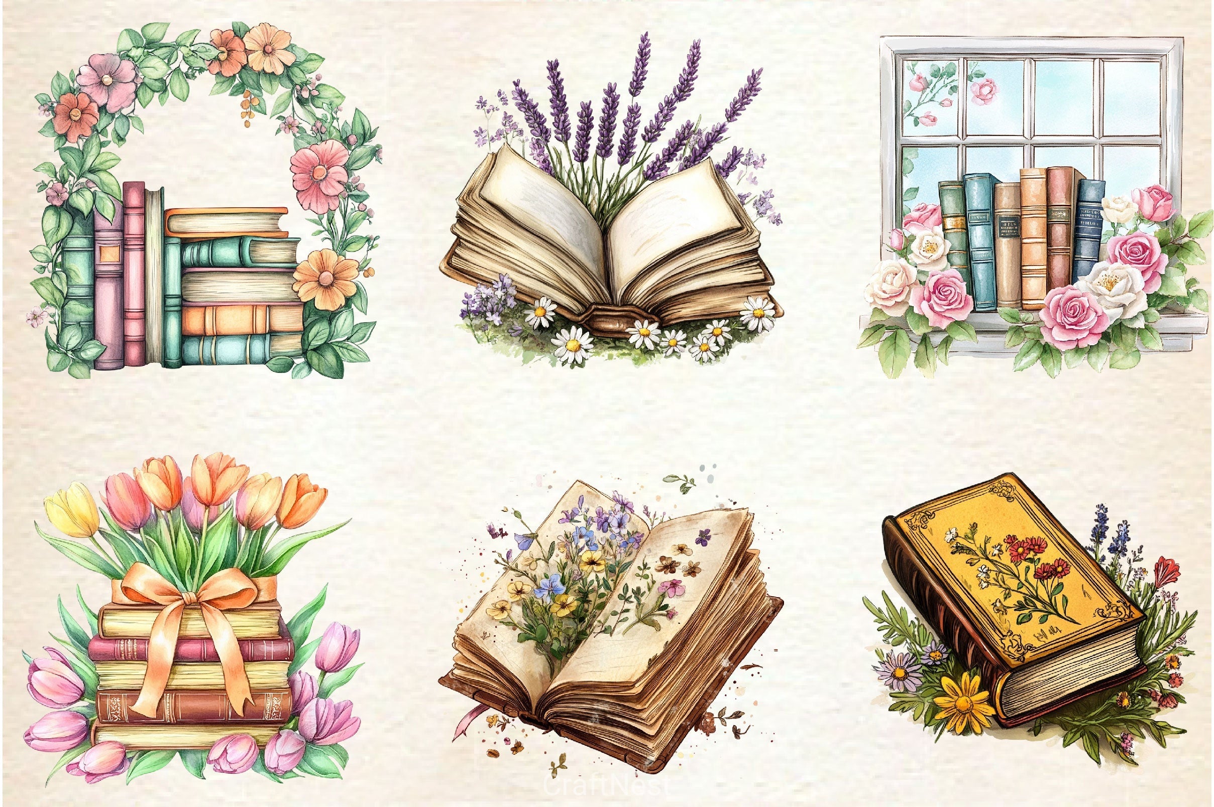 Old Books With Floral Clipart Bundle