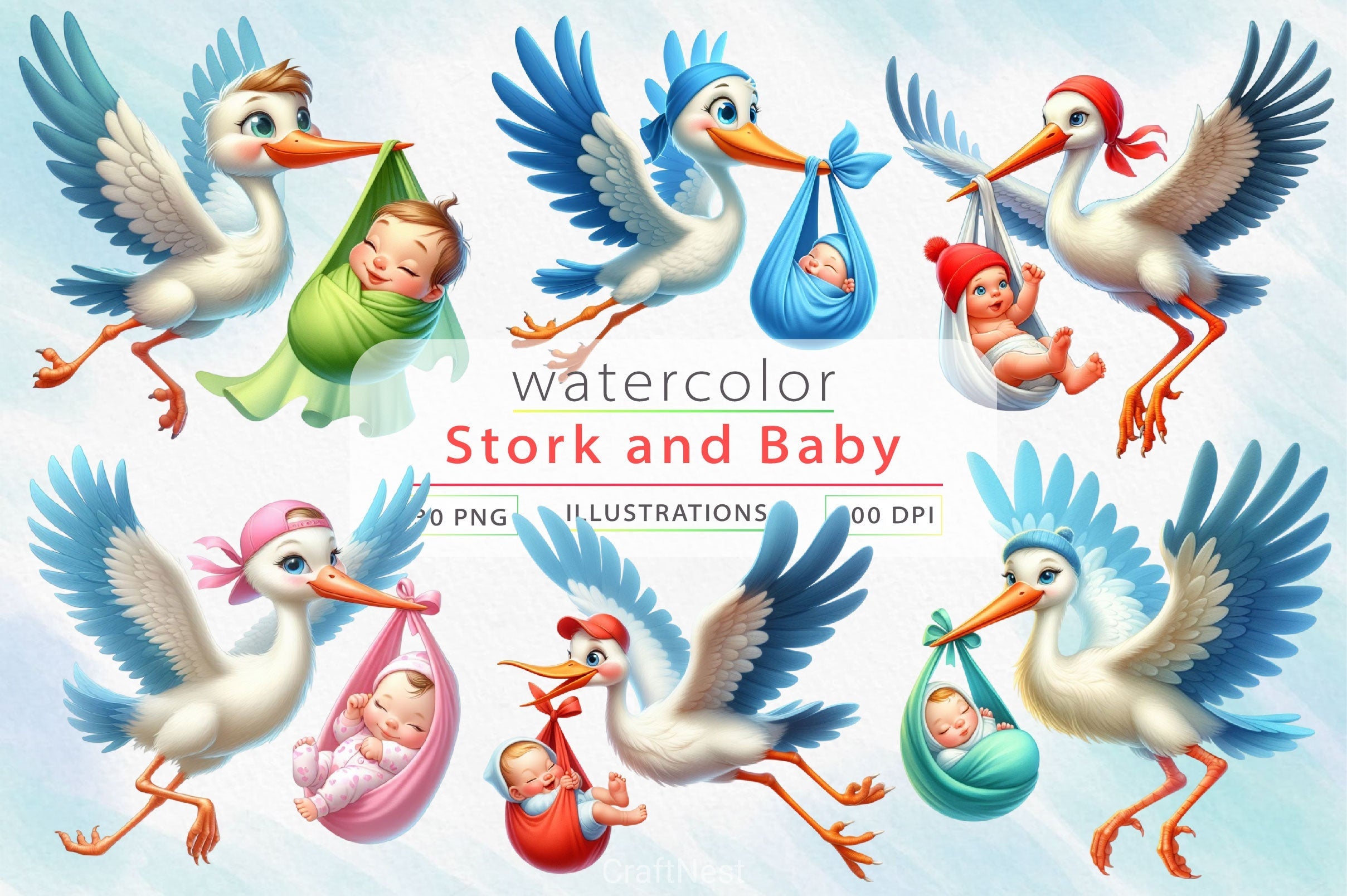 Stork And Baby Clipart Bundle 2
