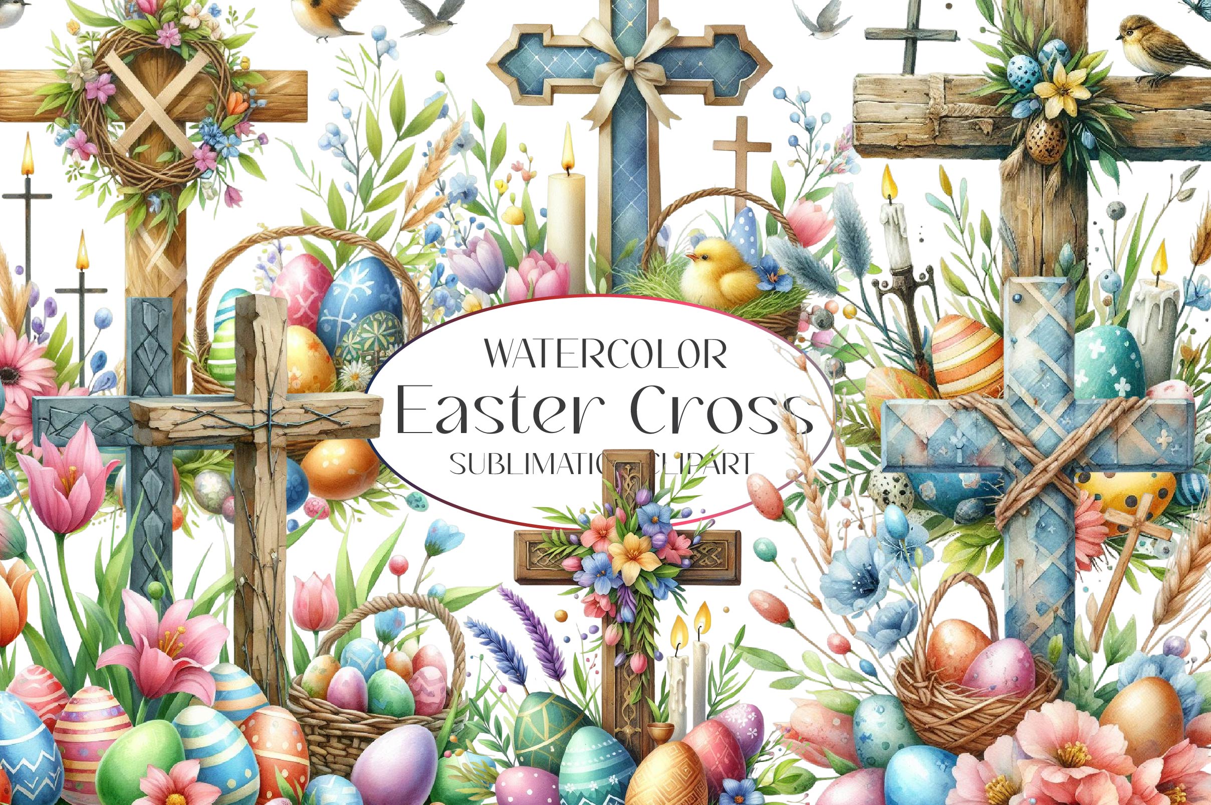 Easter Floral Cross Clipart Bundle