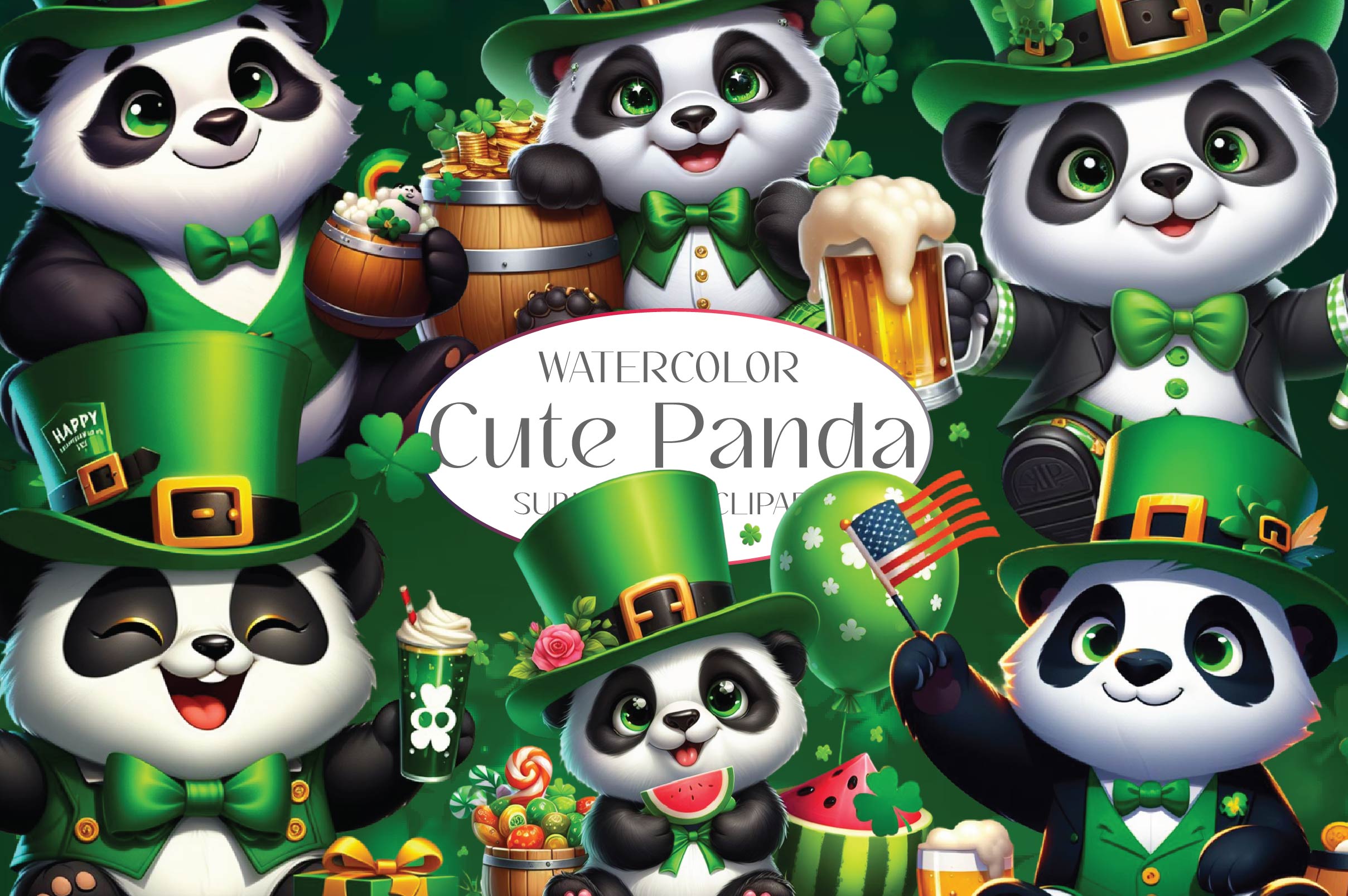 St Patricks Day Cute Panda Clipart Bundle 1