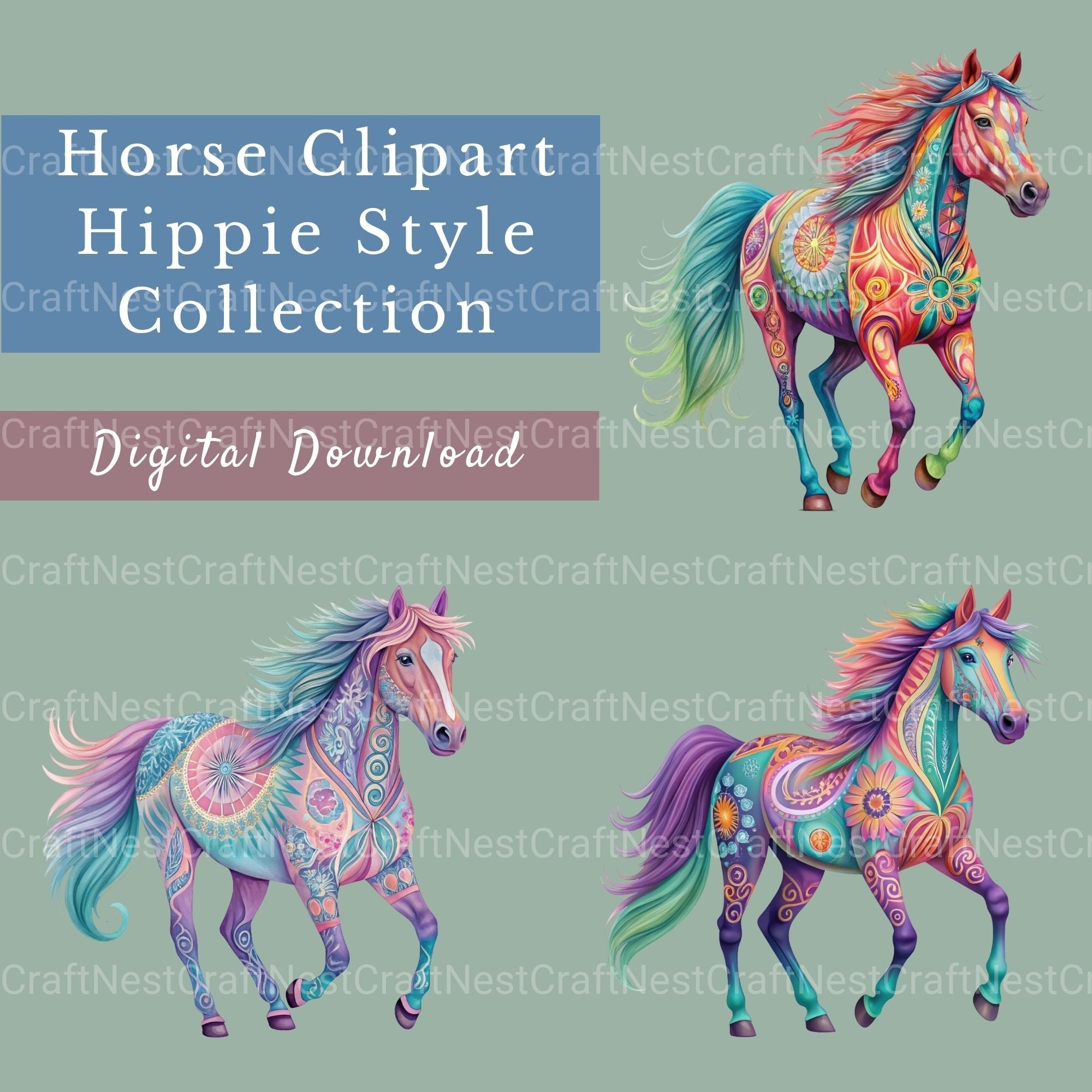 Horses Hippie Groovy Clipart Bundle