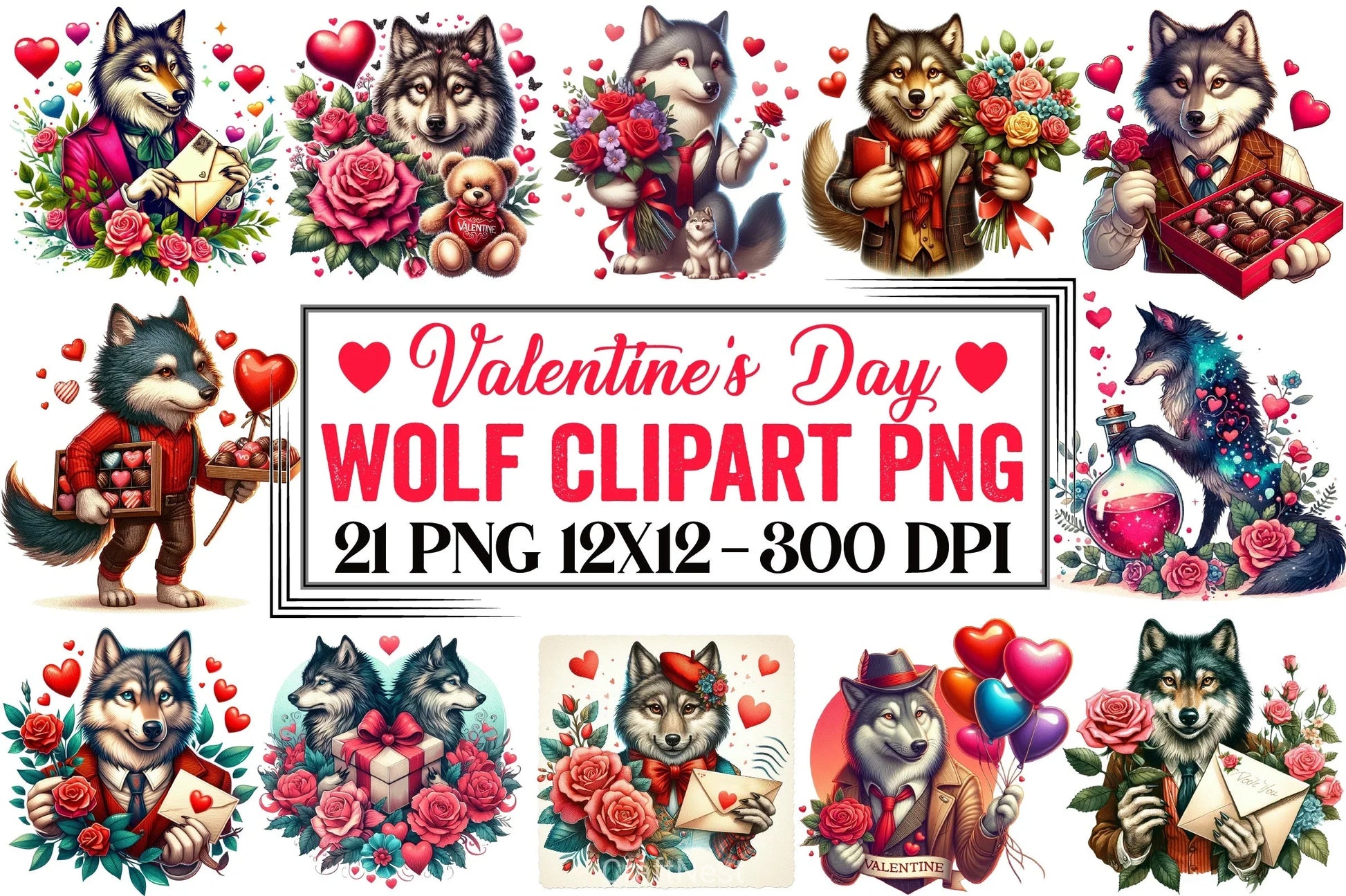 Valentine Wolf Clipart Bundle - CraftNest - Digital Crafting and Art