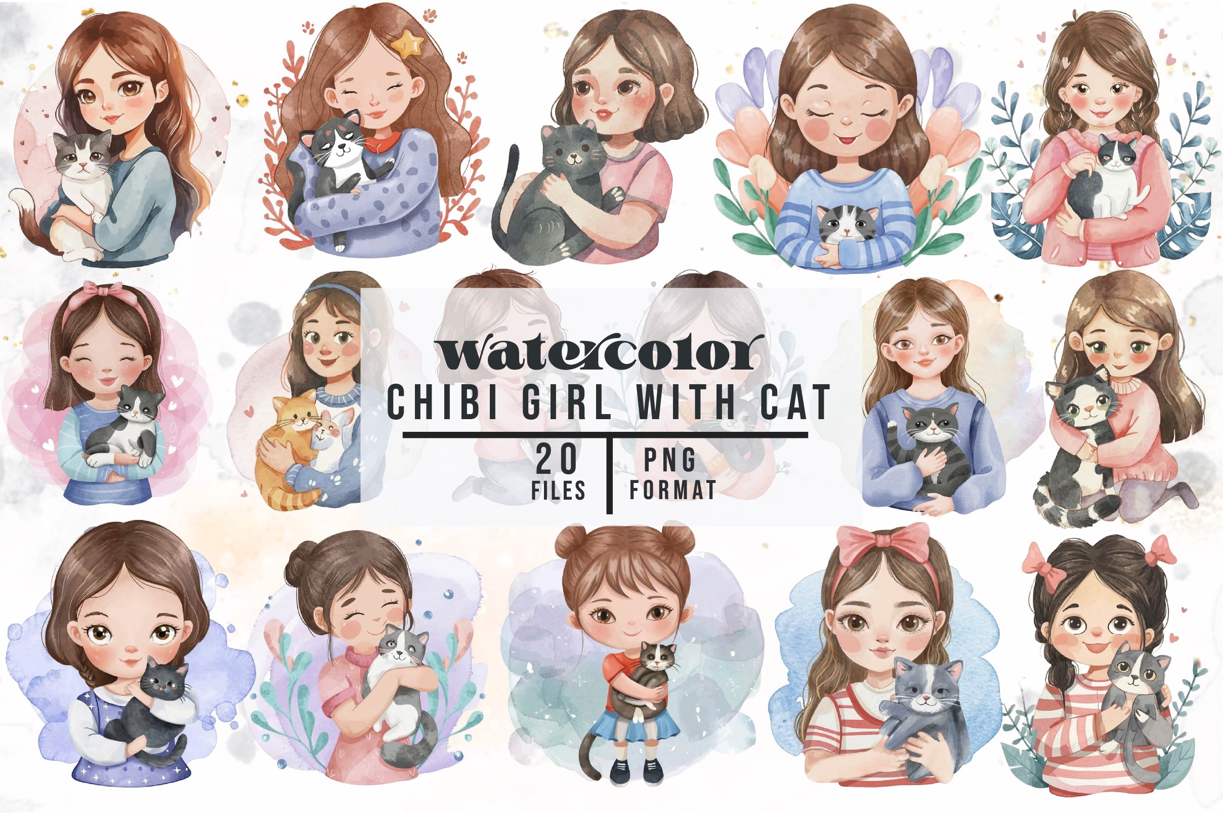 Chibi Girl With Cat Cute Mom Clipart Bundle