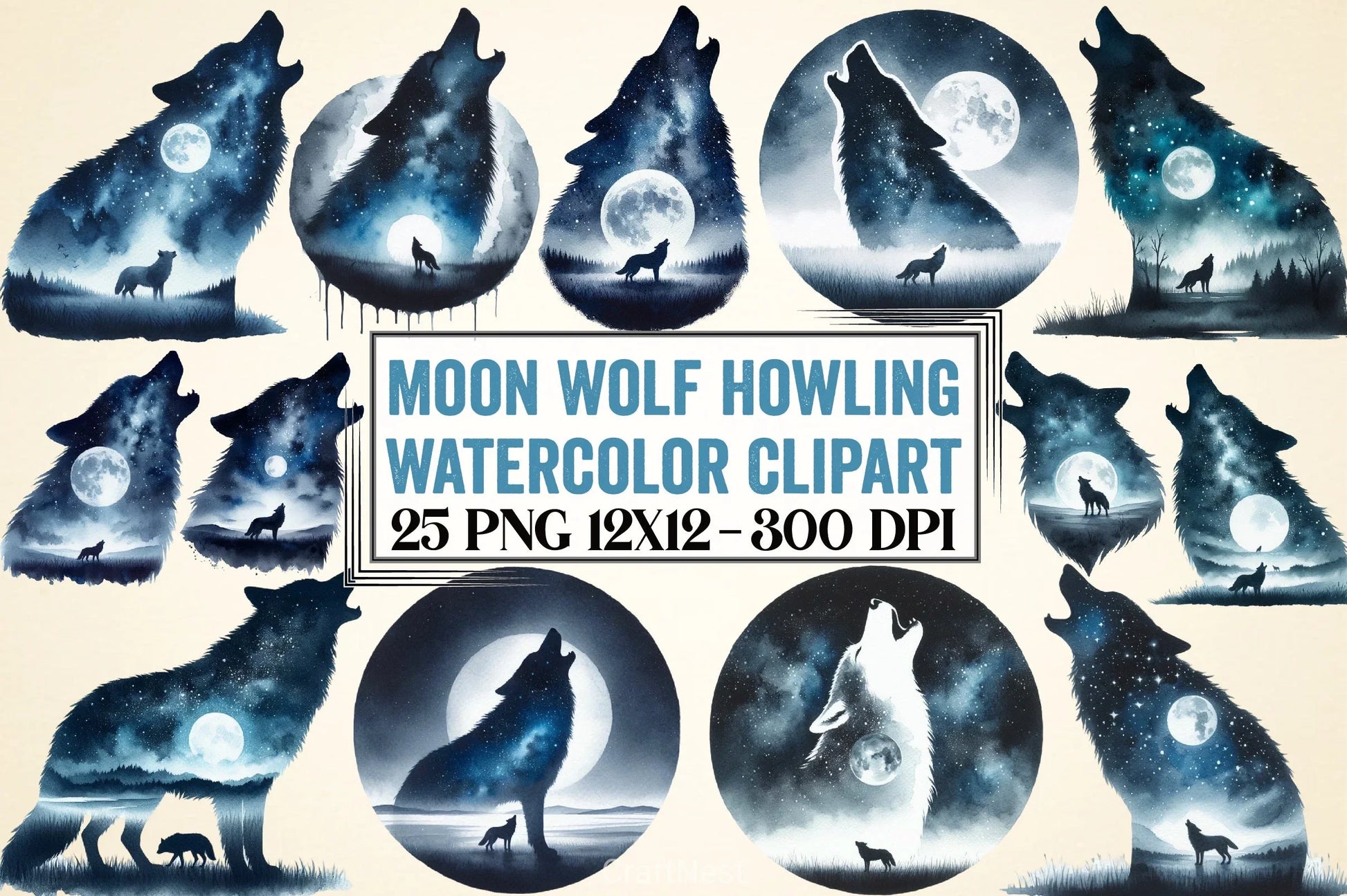 Moon Wolf Howling Clipart Bundle - CraftNest - Digital Crafting and Art