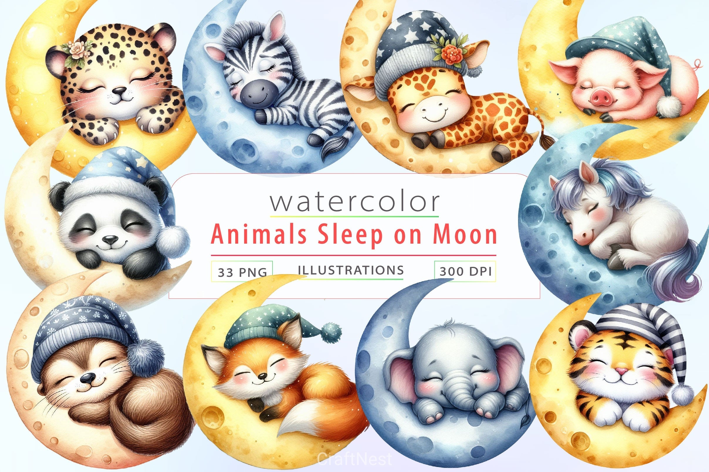 Cute Animals Sleep On Moon Clipart Bundle 4