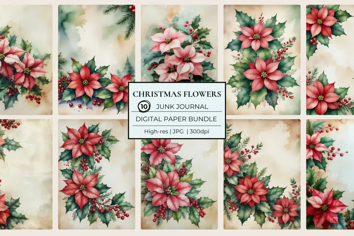 Christmas Flowers Junk Journal Papers - CraftNest - Digital Crafting and Art