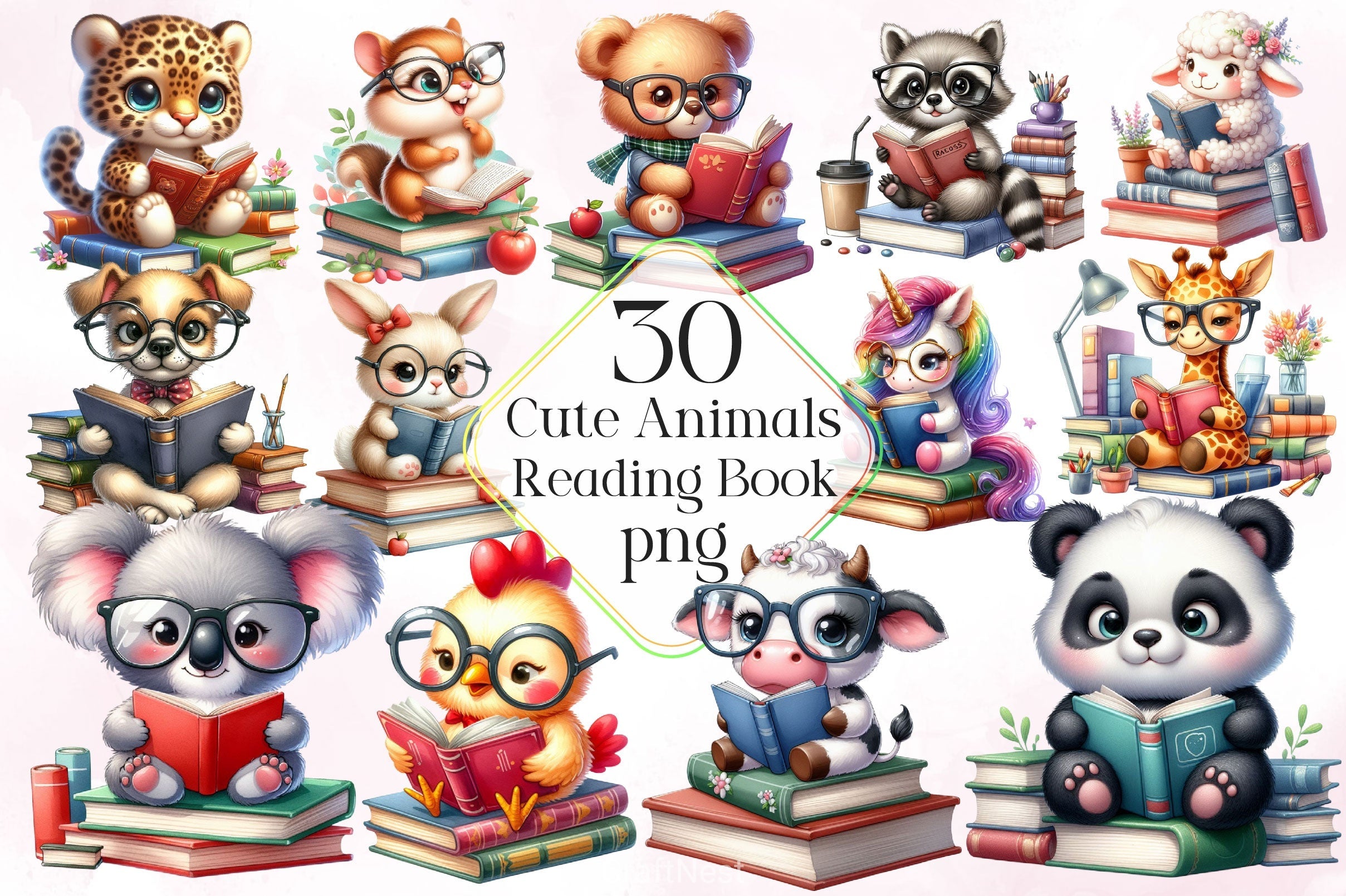 Cute Animals Reading Book Clipart Bundle