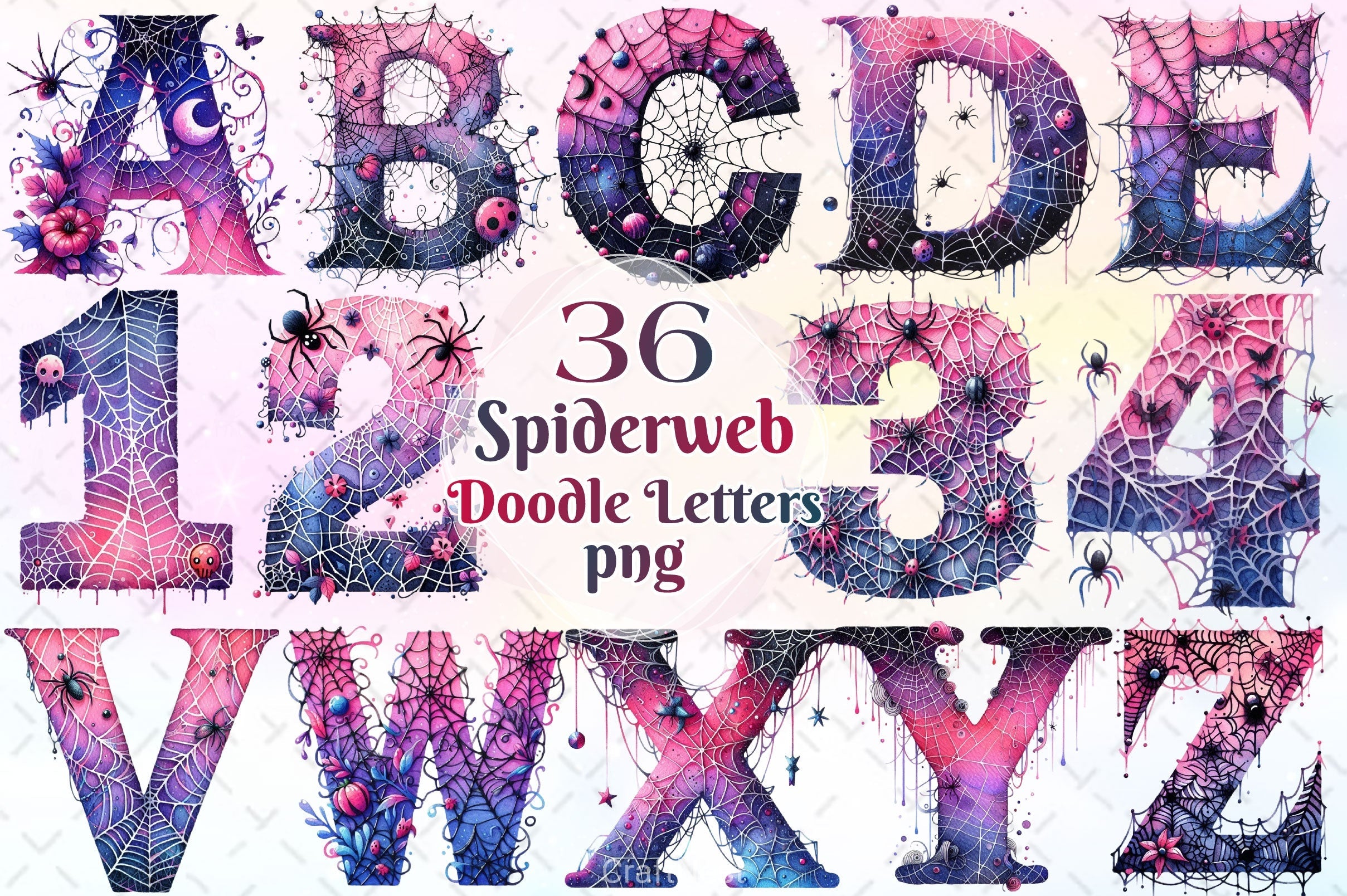 Spiderweb Doodle Letters Clipart Bundle