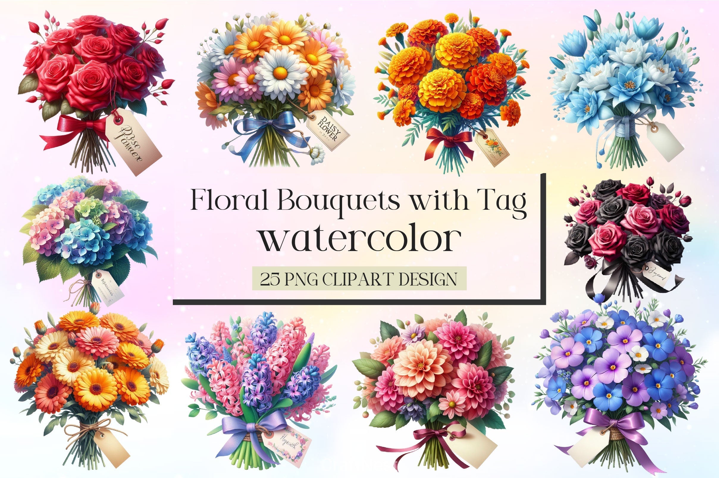 Flowers Bouquets With Tag Clipart Bundle