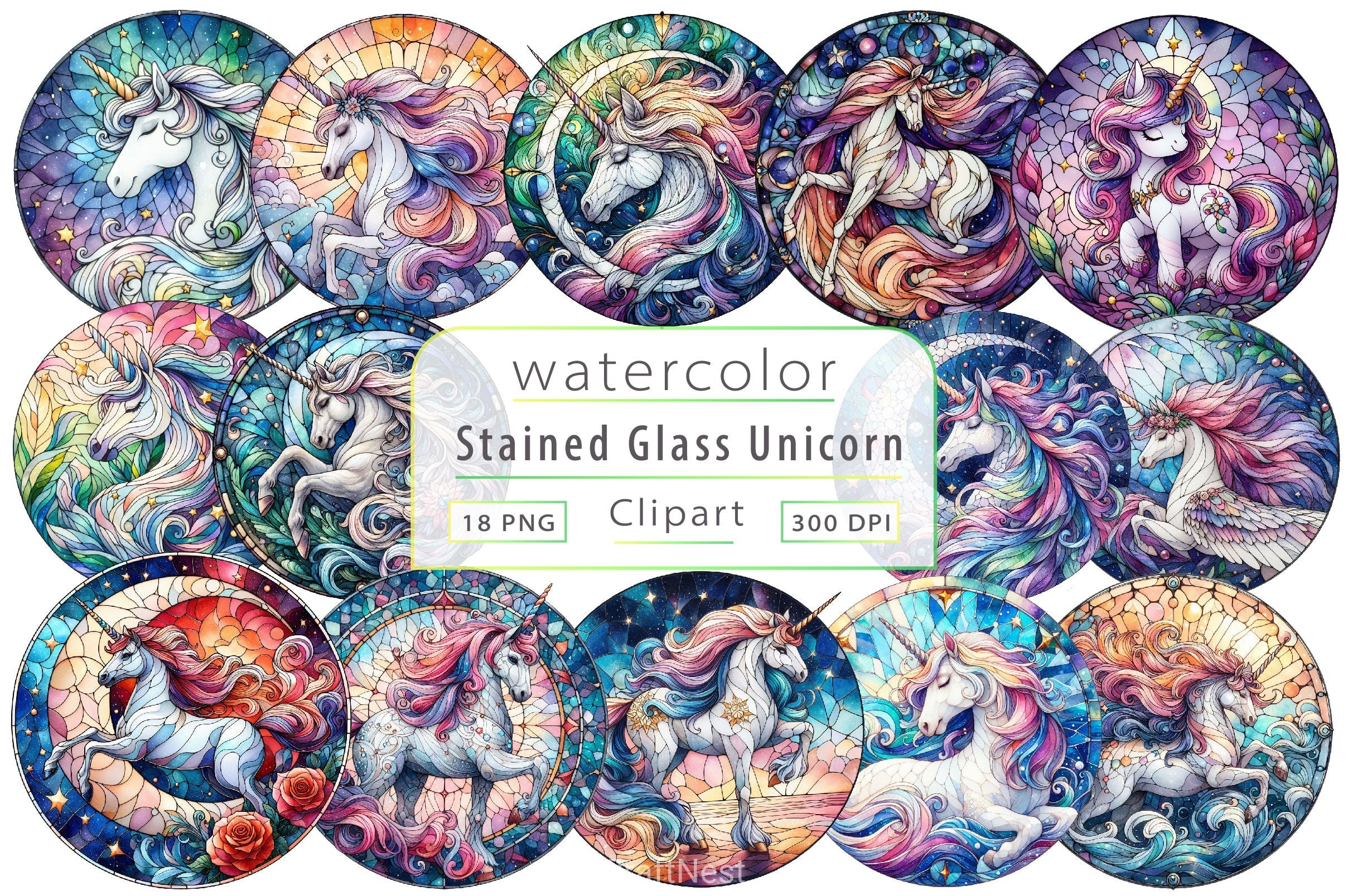 Stained Glass Unicorn Clipart Bundle