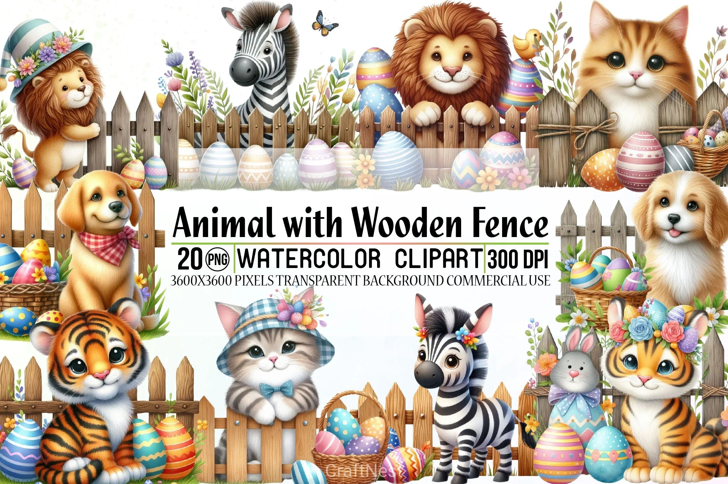 Easter Animals with Fence Clipart Bundle - CraftNest - Digital Crafting and Art