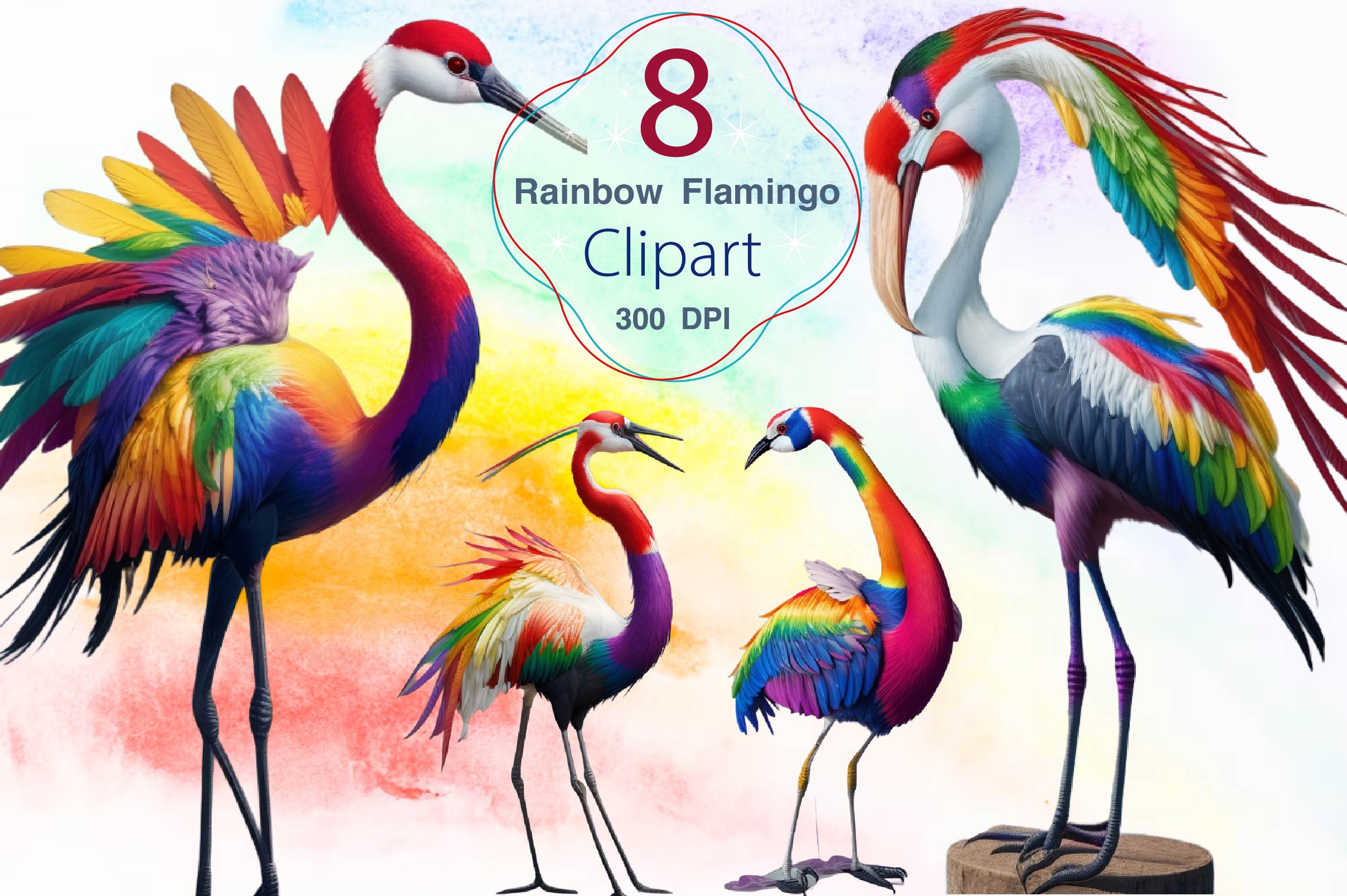 Rainbow Flamingo Clipart Bundle