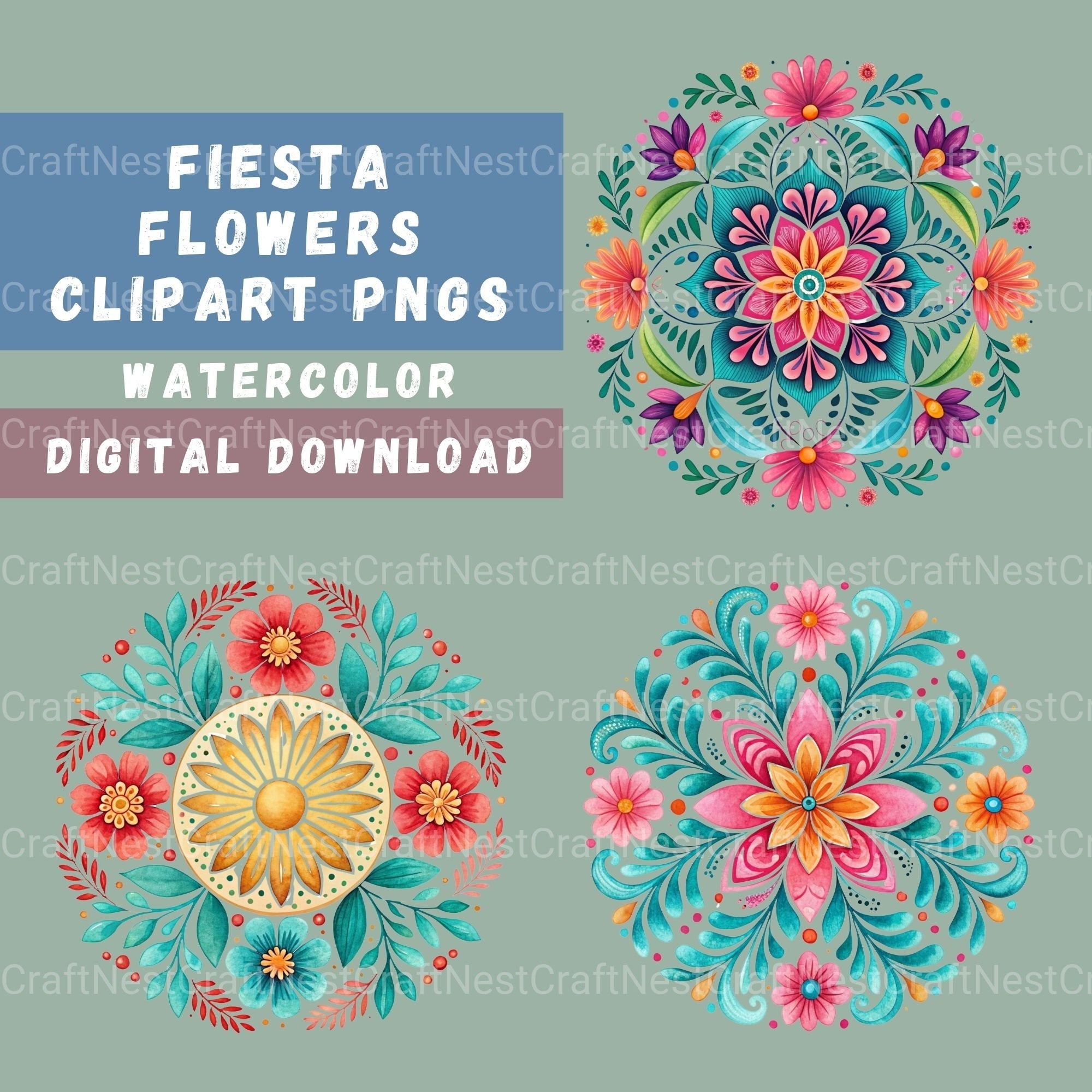 Fiesta Flowers Circle Clipart Bundle