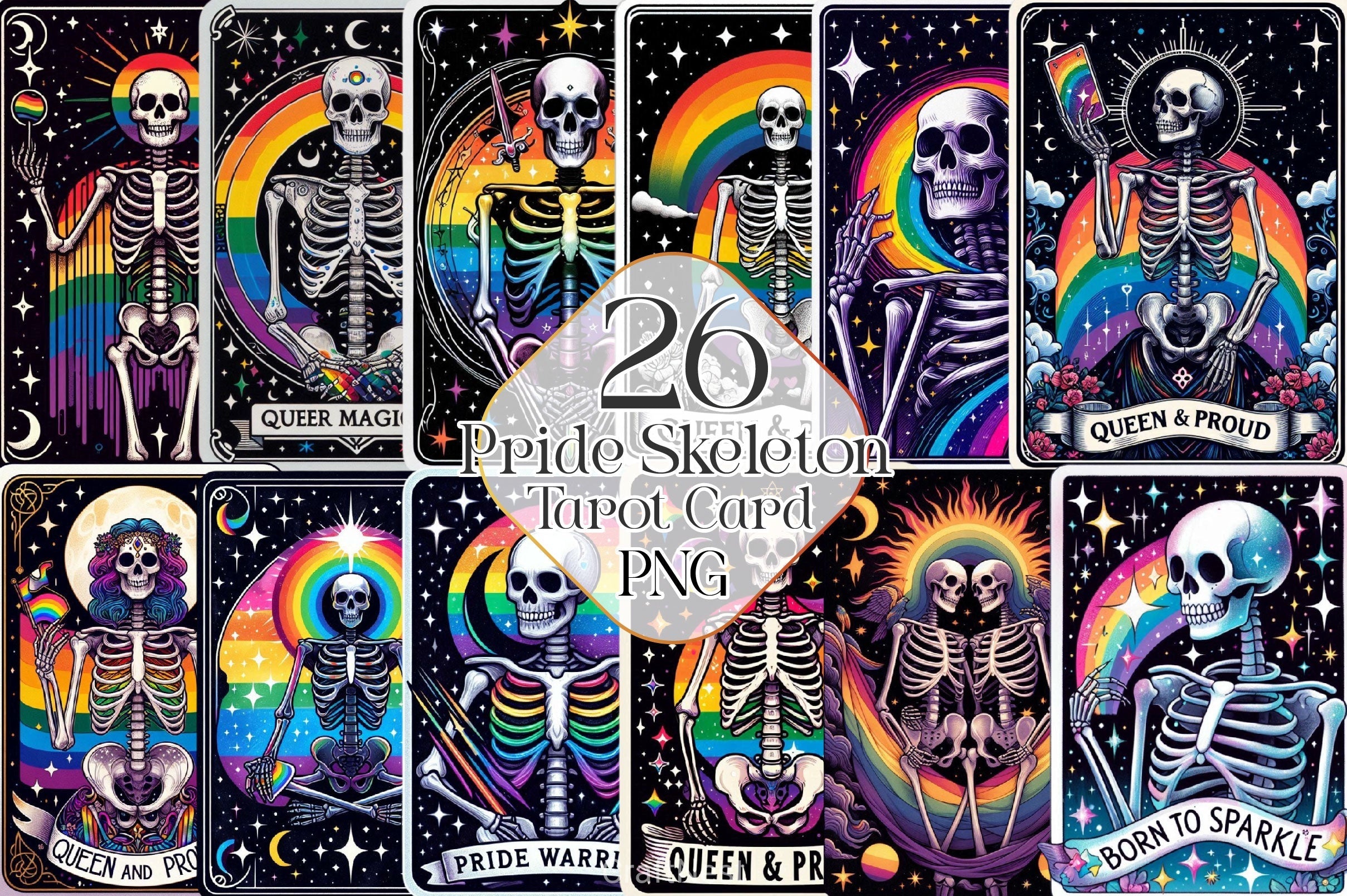 LGBTQ Pride Skeleton Tarot Card Clipart Bundle