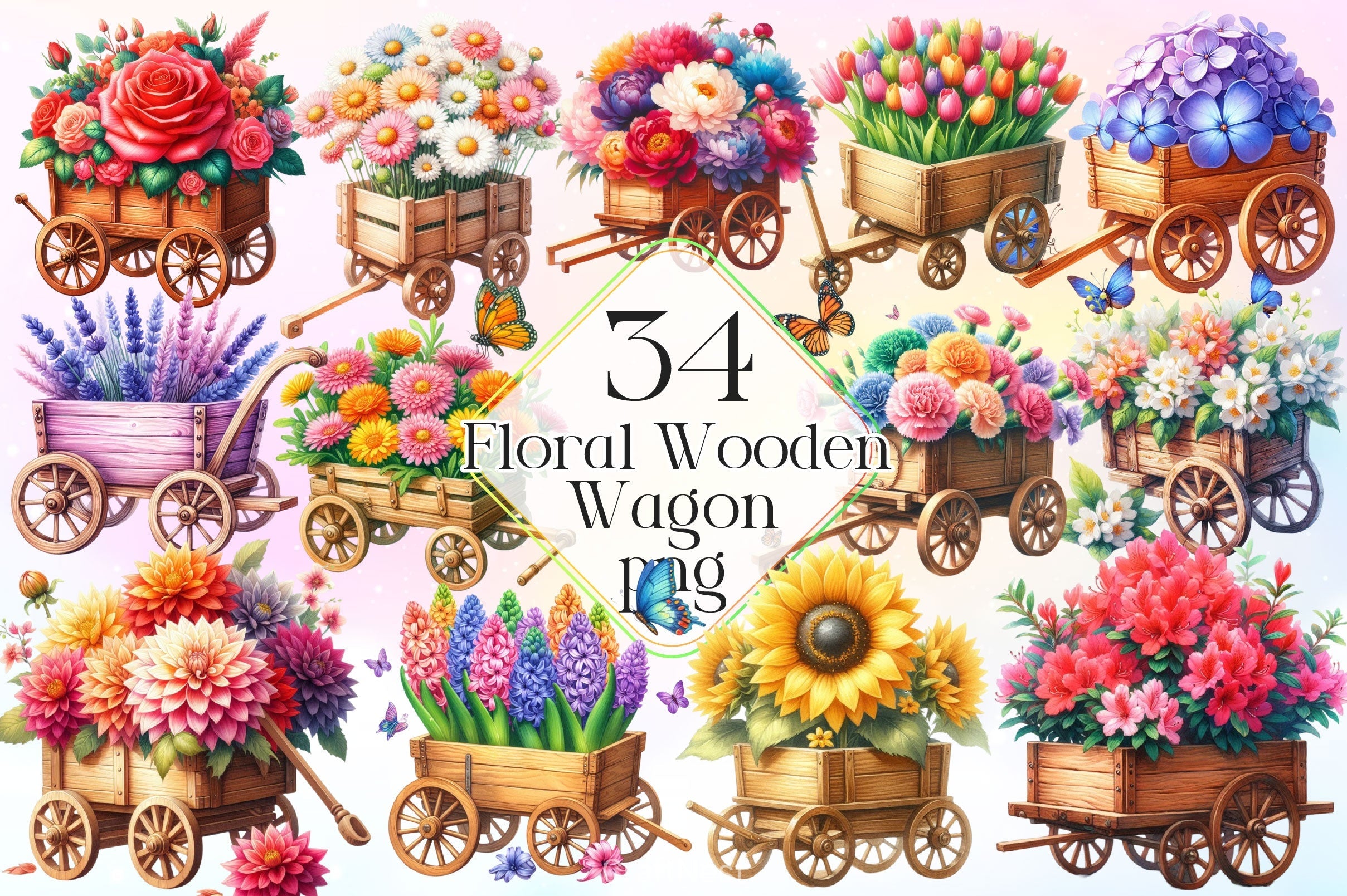 Floral Wooden Wagon Clipart Bundle 2