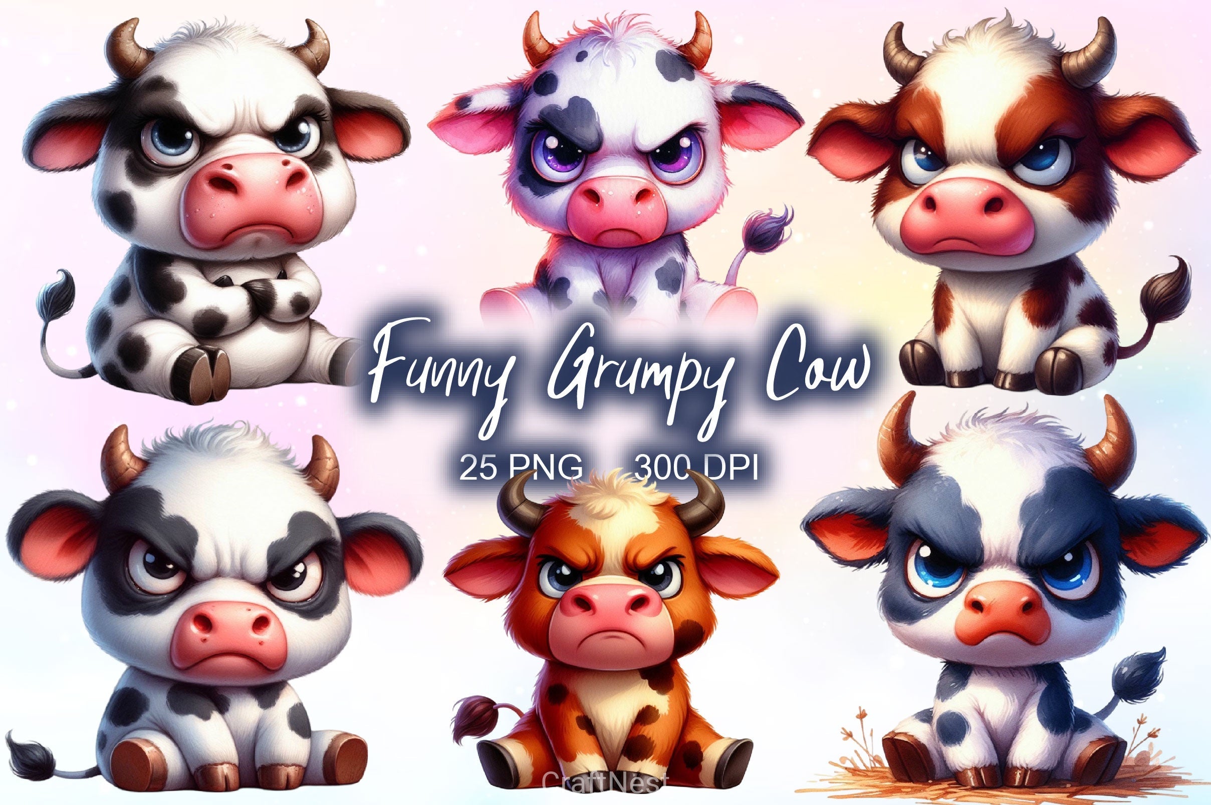 Funny Grumpy Cow Clipart Bundle