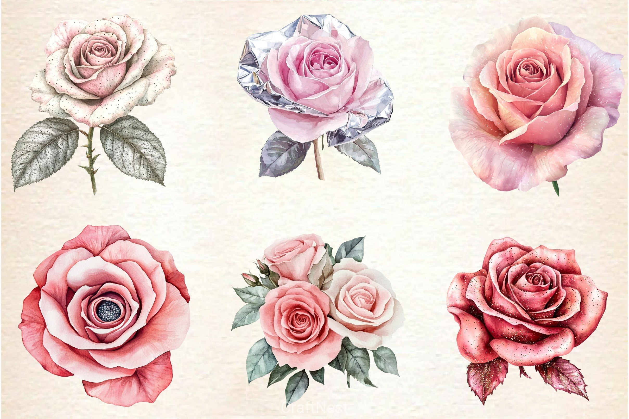 Blush And Silver Glam Roses Clipart Bundle