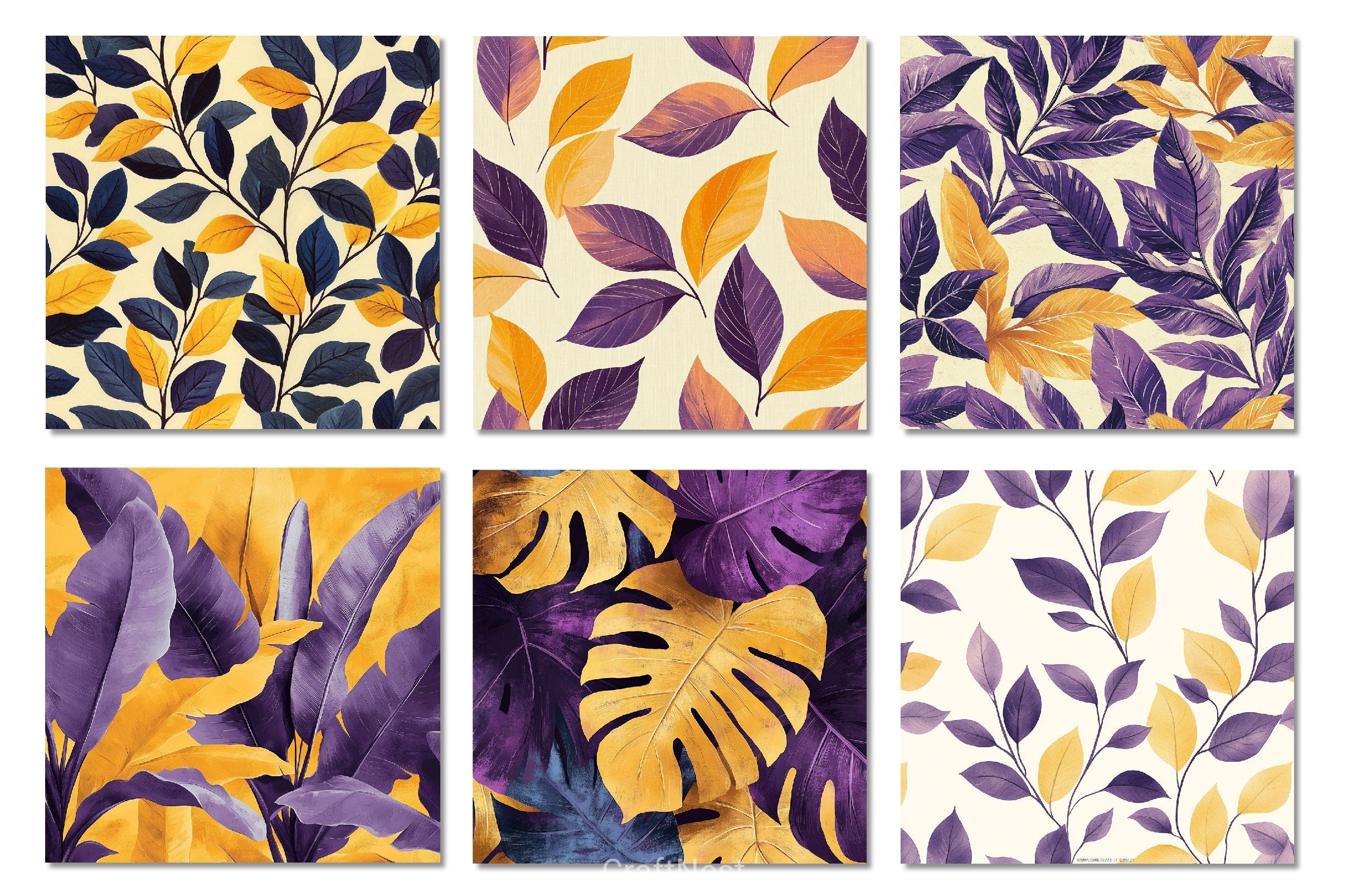 Yellow Purple Boho Leaves Digital Papers