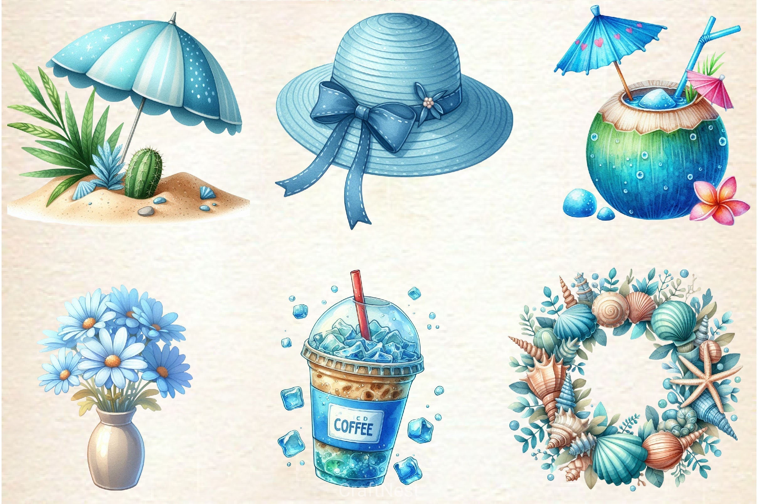Summer Neutral Blue Clipart Bundle