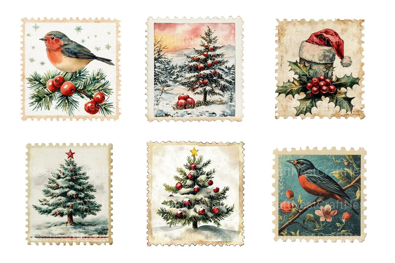 Vintage Christmas Stamps: Retro Santa, Snowman, Tree Clipart Bundle 98 - CraftNest - Digital Crafting and Art