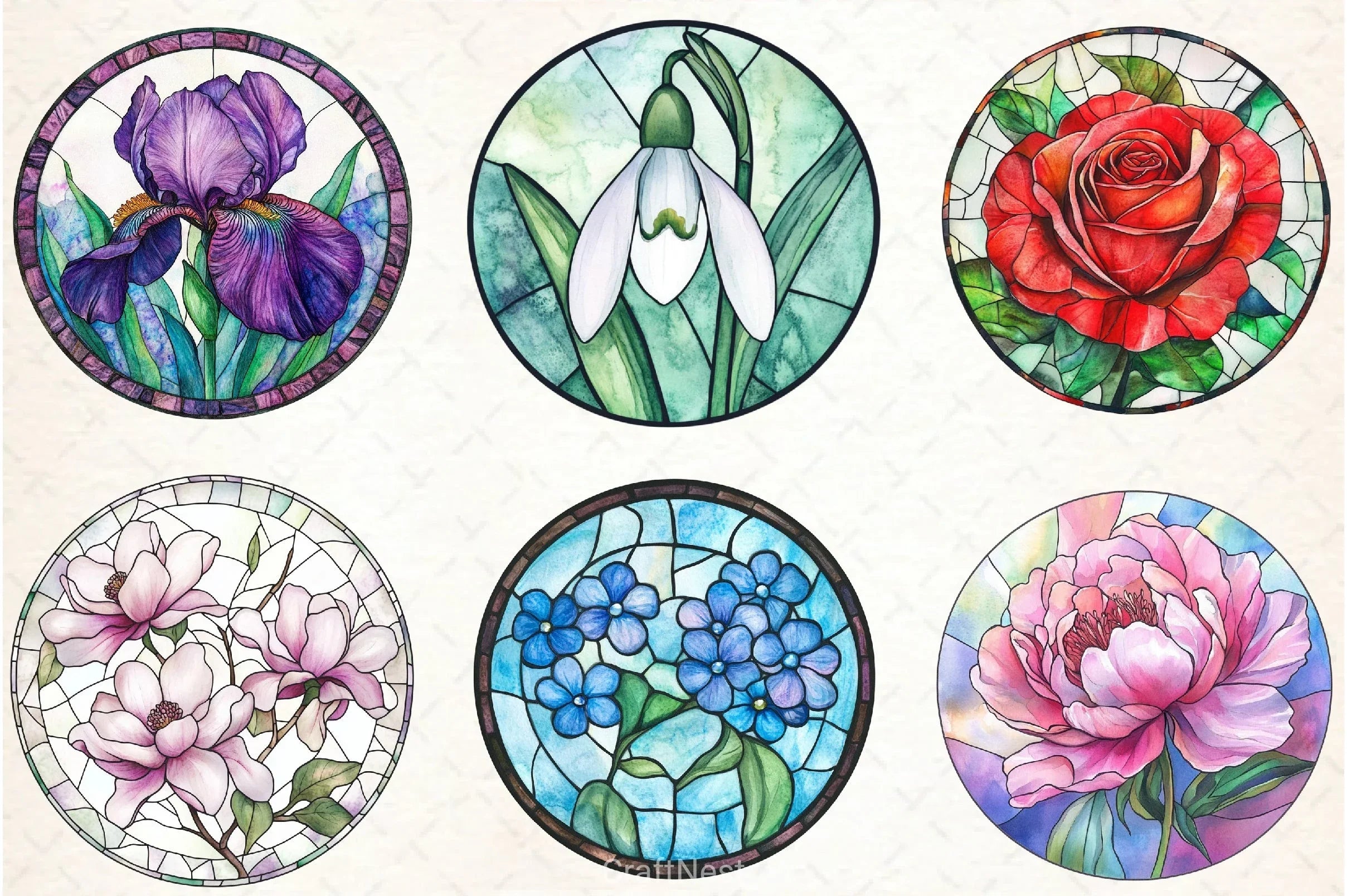 Round Stained Glass Flowers Clipart Bundle - CraftNest - Digital Crafting and Art