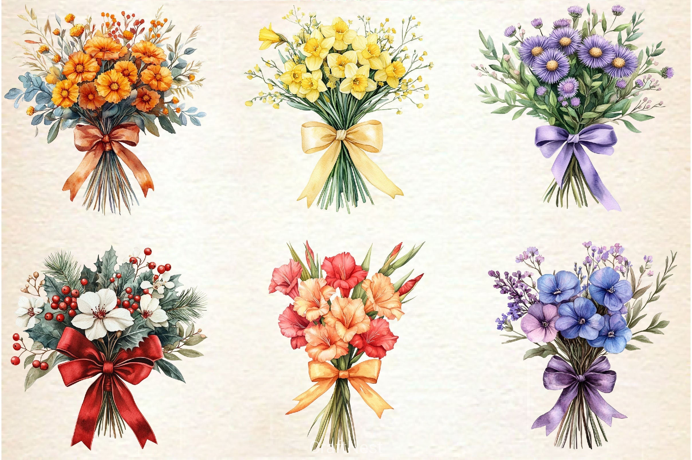 Coquette Birth Month Flowers Bouquet Clipart Bundle