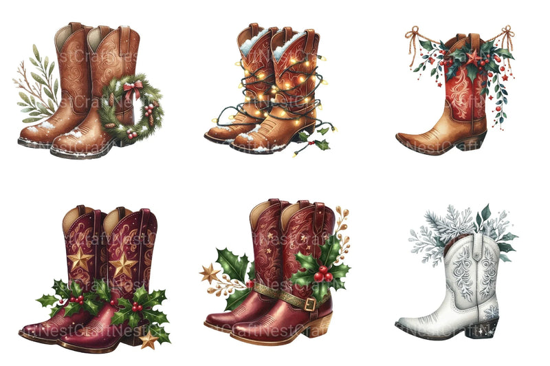 Festive Christmas Cowboy Boots Clipart Bundle - CraftNest - Digital Crafting and Art