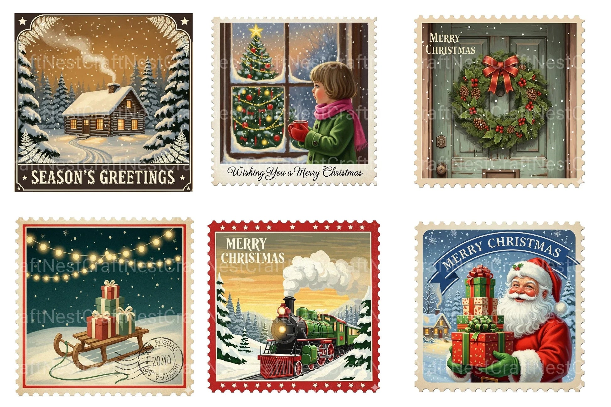 Vintage Christmas Stamps: Retro Santa, Snowman, Tree Clipart Bundle - CraftNest - Digital Crafting and Art