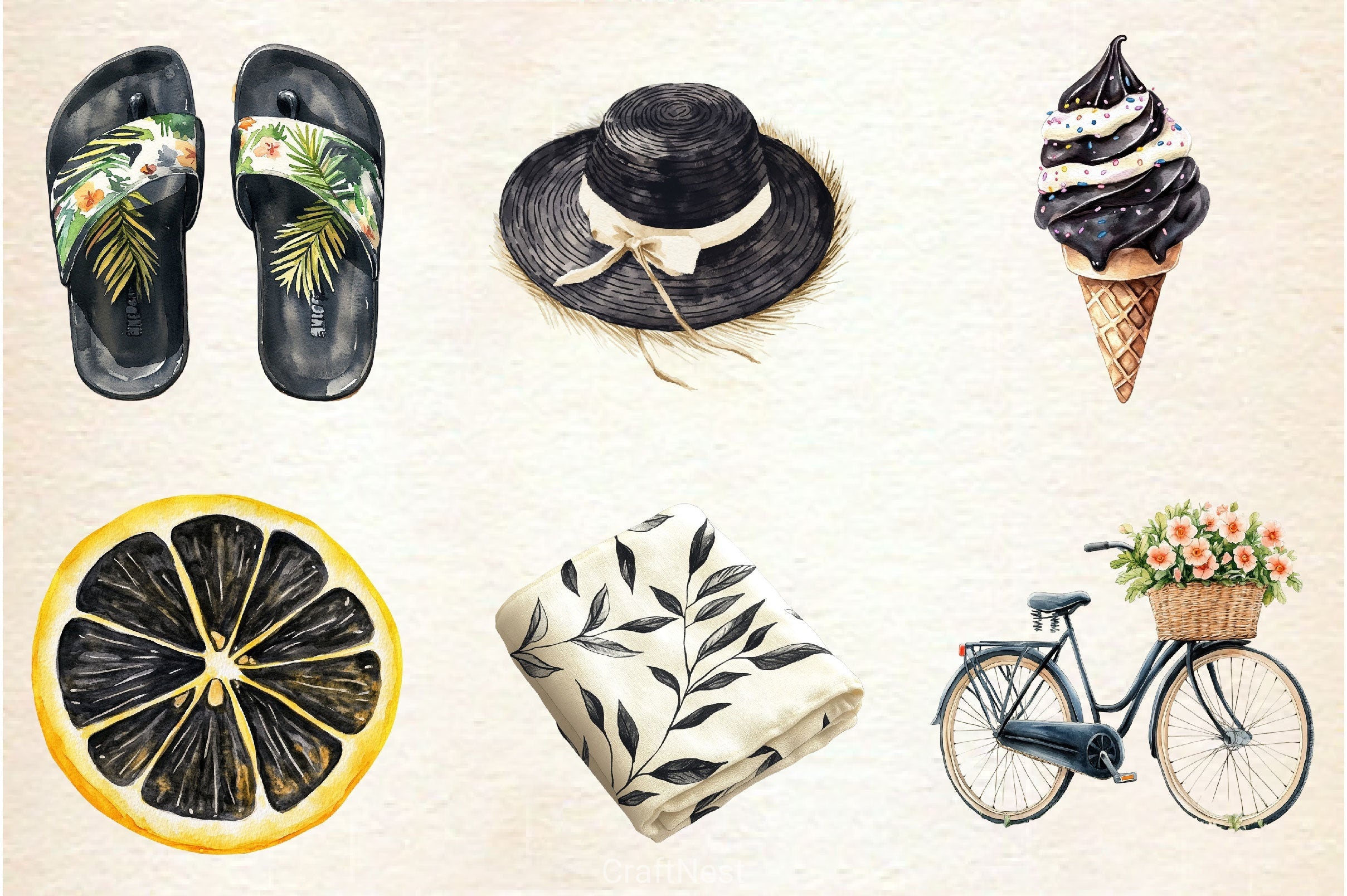 Ivory And Black Hello Summer Clipart Bundle