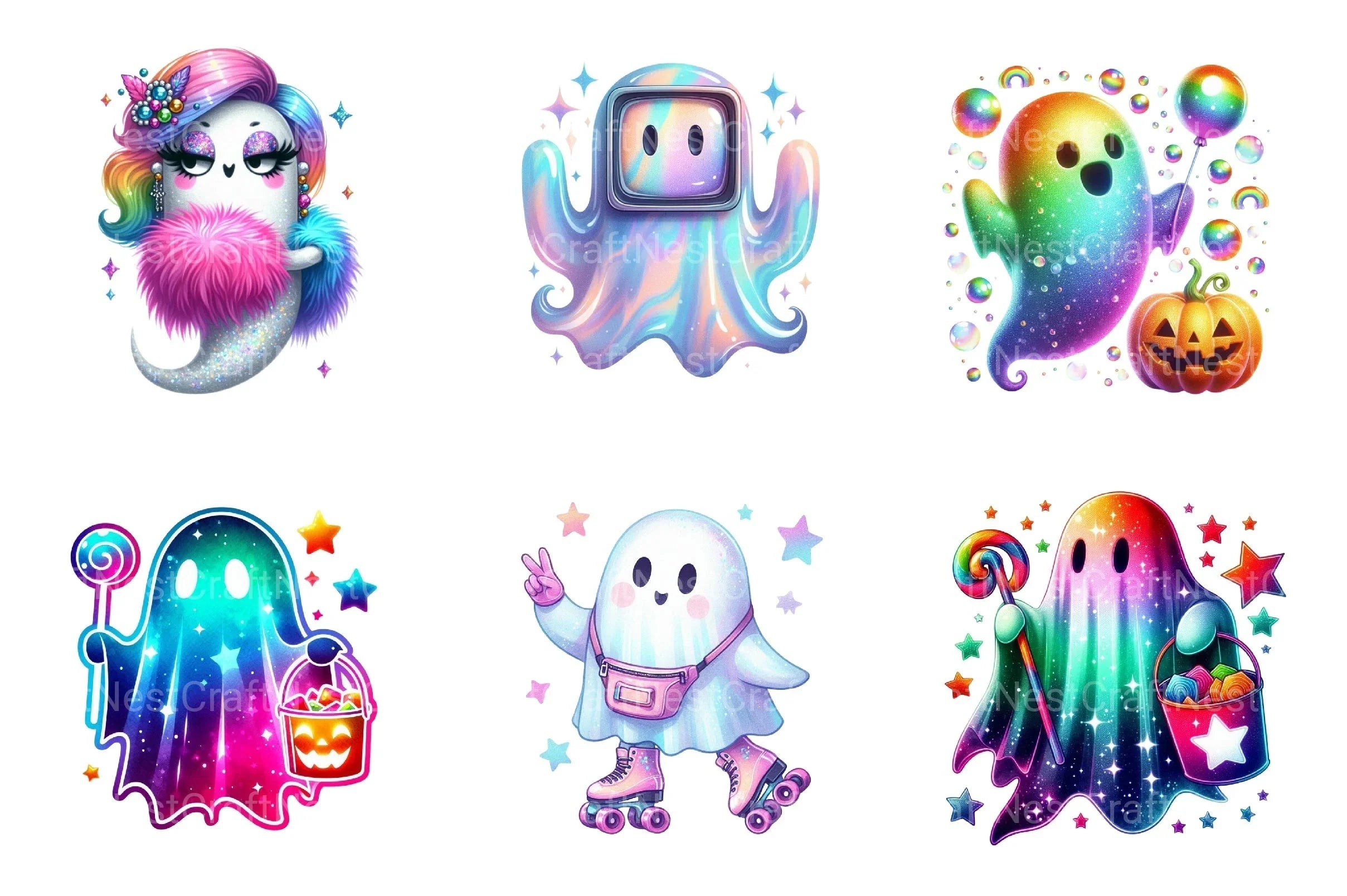 Retro Halloween Iridescent Ghost Clipart Bundle - CraftNest - Digital Crafting and Art
