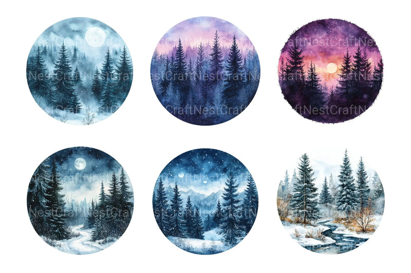 Winter Forest Night Landscape: Christmas Pine Trees Clipart Bundle - CraftNest - Digital Crafting and Art