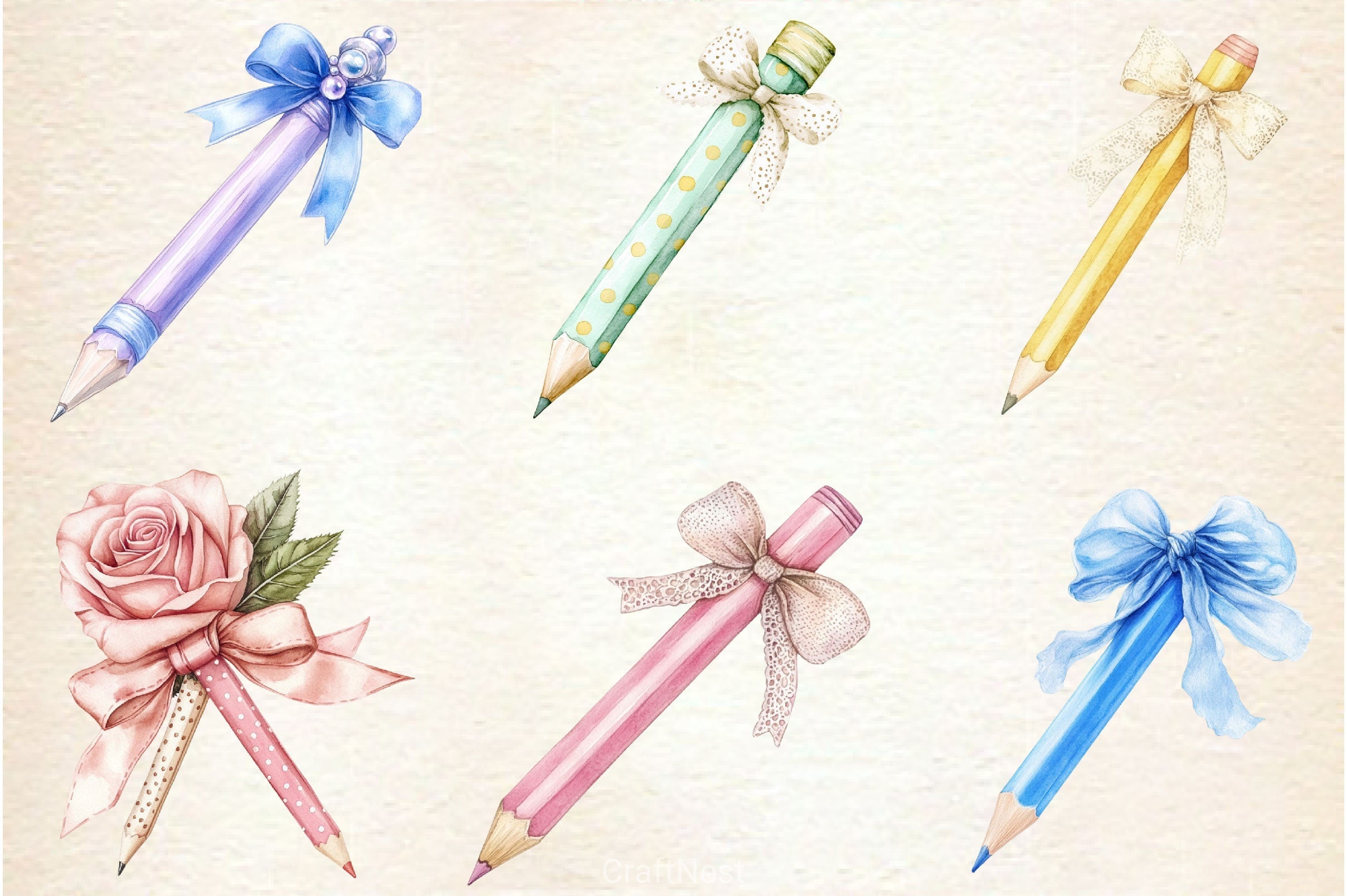 Coquette School Pencil Bow Clipart Bundle