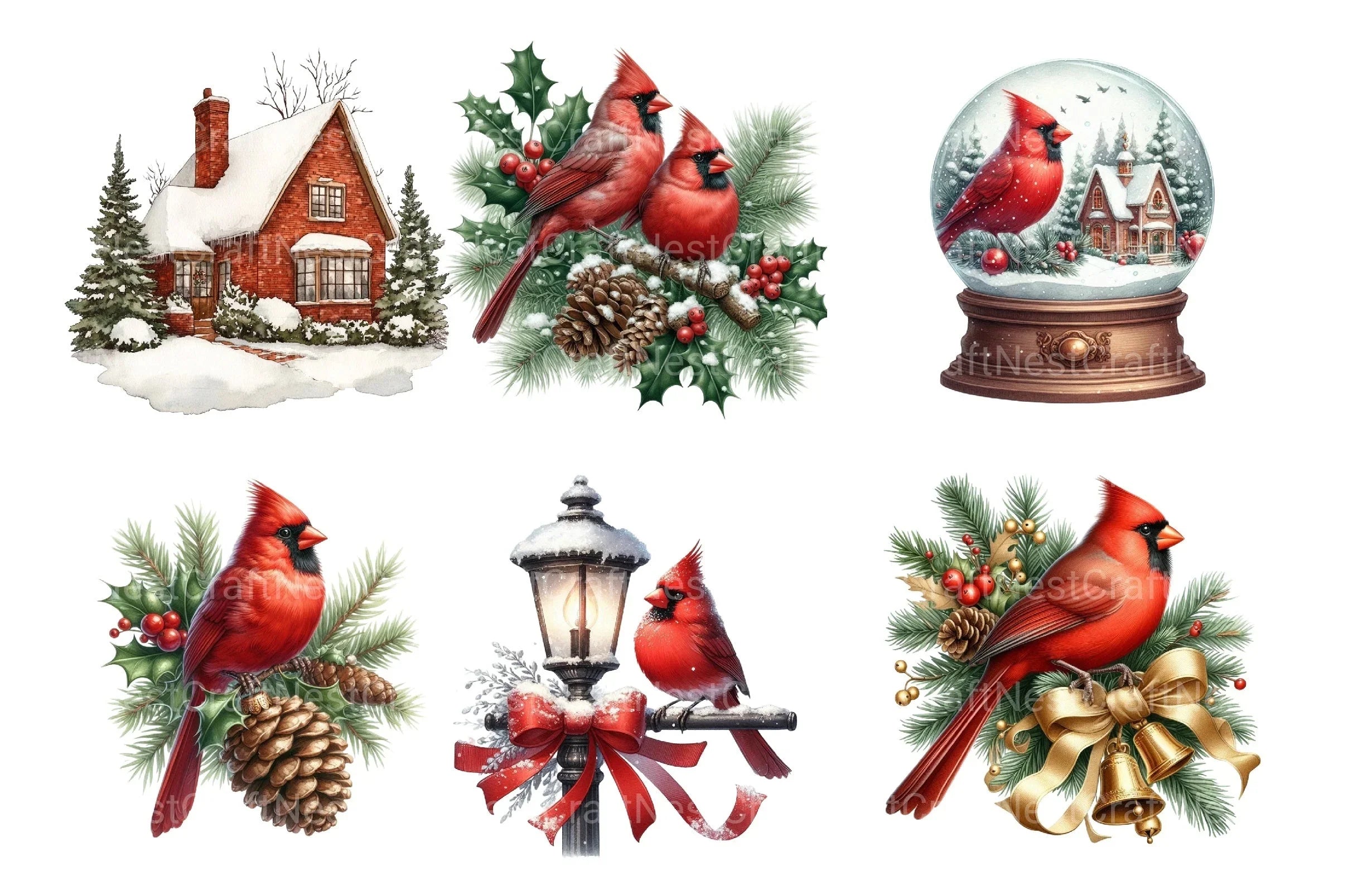 Christmas Red Cardinal Festive Bird Clipart Bundle - Digital Download - CraftNest - Digital Crafting and Art