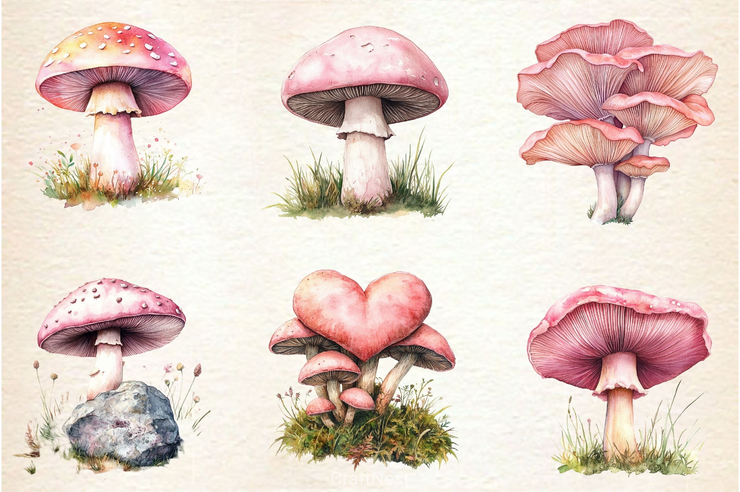 Charming Pink Mushrooms Clipart Bundle