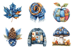 Blue Patchwork Autumn Clipart Set Bundle - CraftNest - Digital Crafting and Art