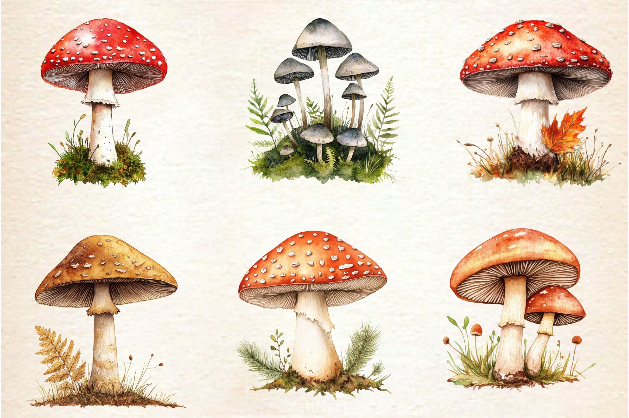Botanical Autumn Mushrooms Clipart Bundle
