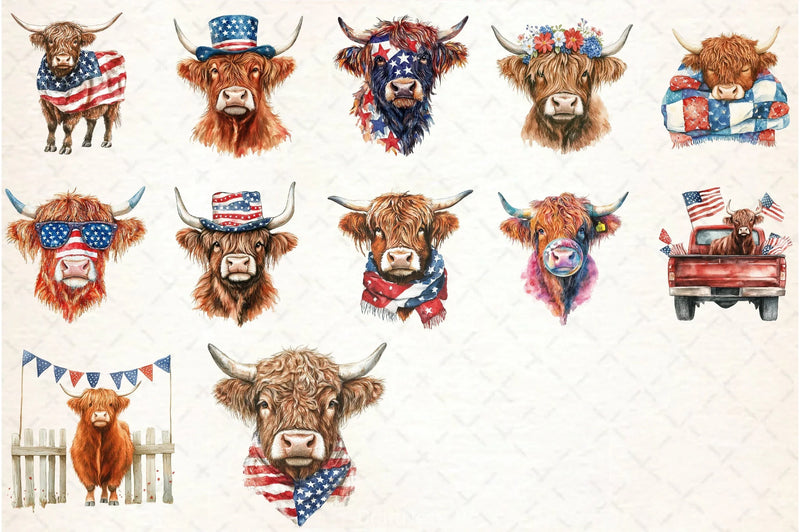 Patriotic Highland Cow Clipart Bundle 3 - CraftNest - Digital Crafting and Art