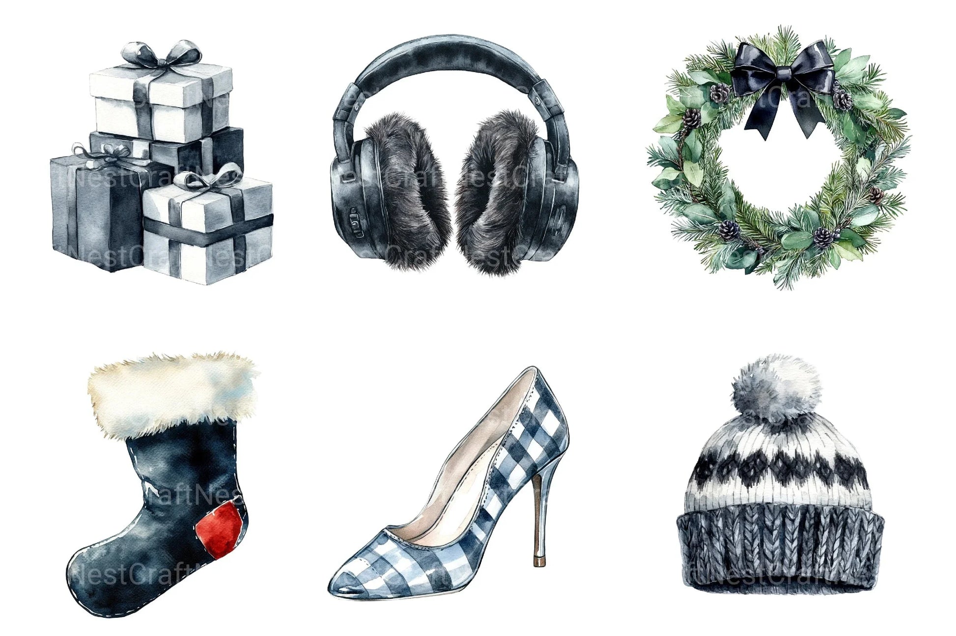 Black and White Christmas Clipart Bundle: Monochrome Winter Holiday Decor - CraftNest - Digital Crafting and Art