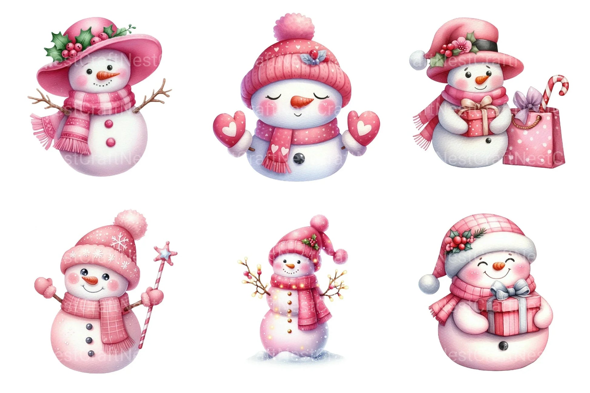 Festive Pink Snowman Christmas Clipart Bundle - CraftNest - Digital Crafting and Art