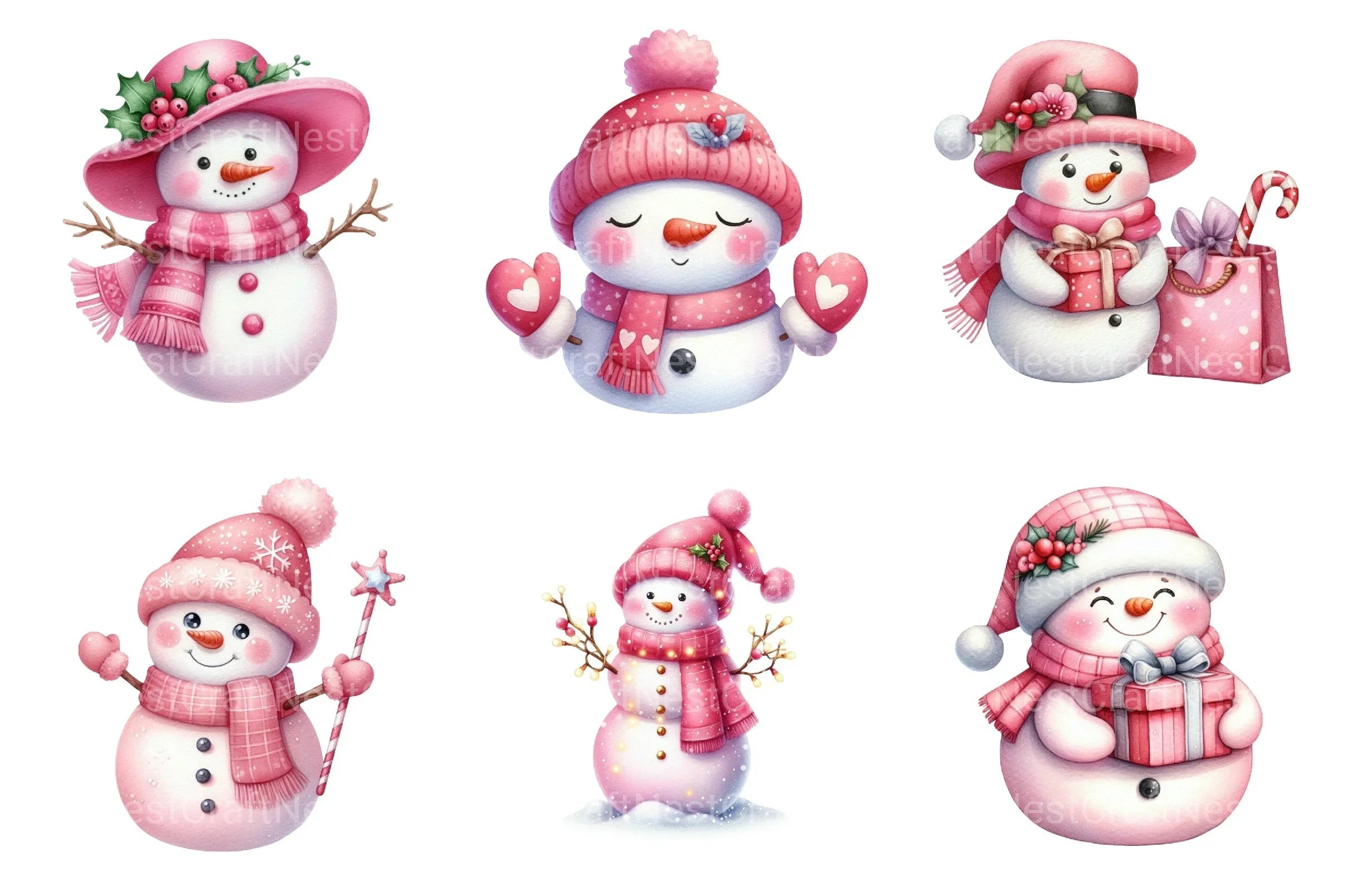 Festive Pink Snowman Christmas Clipart Bundle - CraftNest - Digital Crafting and Art