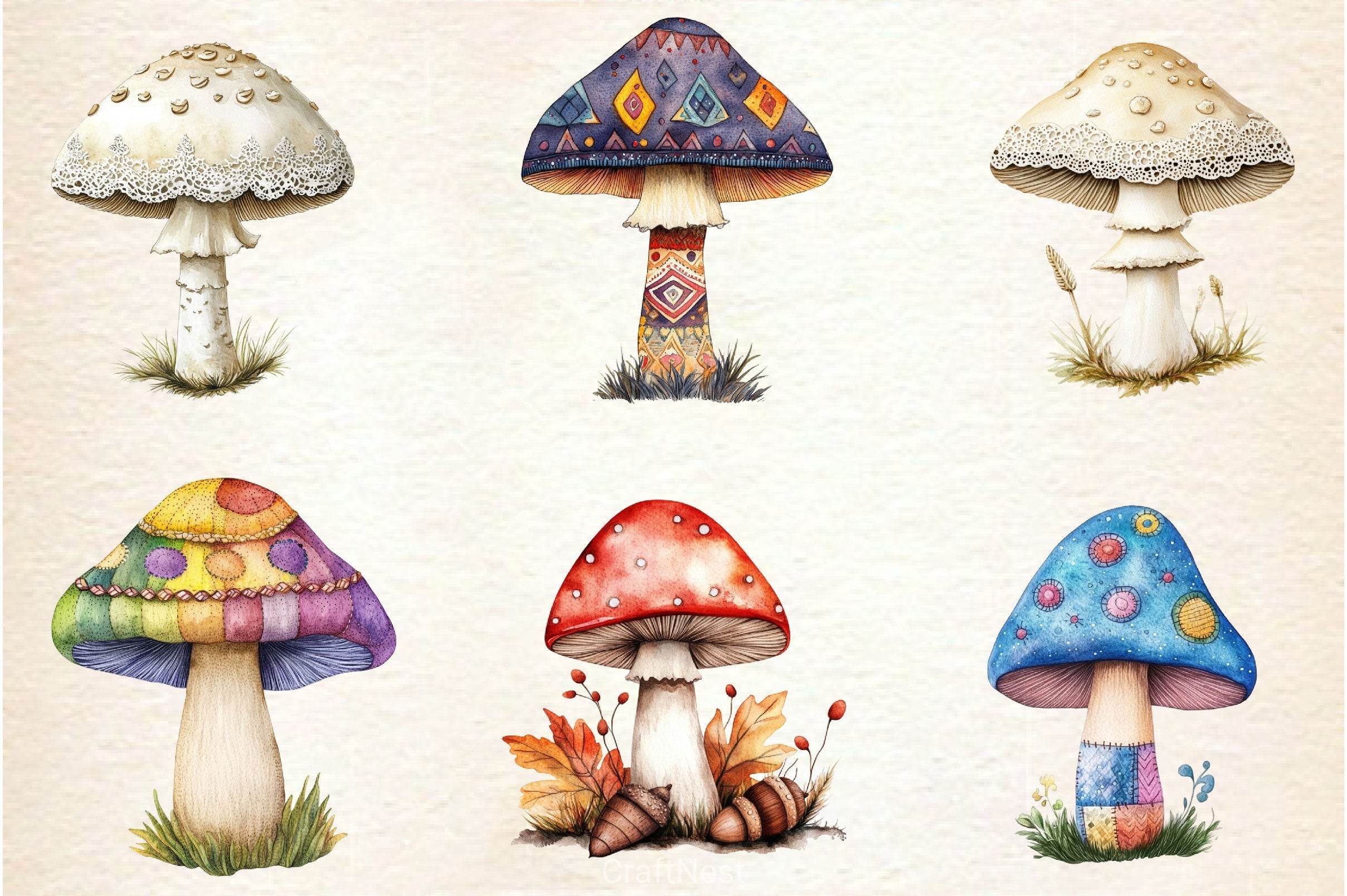Embroidered Mushrooms Clipart Bundle